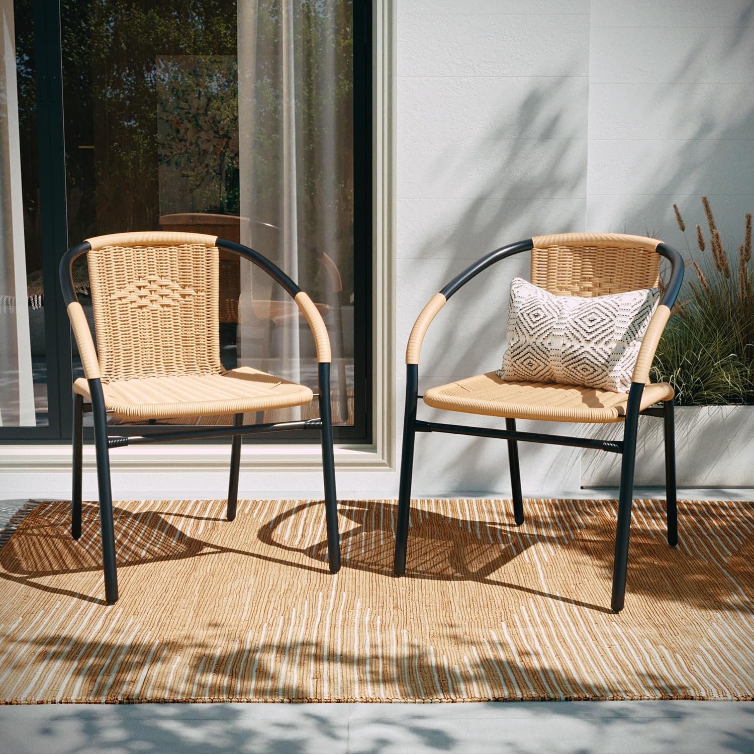 EMMA + OLIVER Set of 2 Modern PE Rattan Stack Chairs, Indoor/Outdoor Patio Dining Chairs, No Assembly Required, Beige