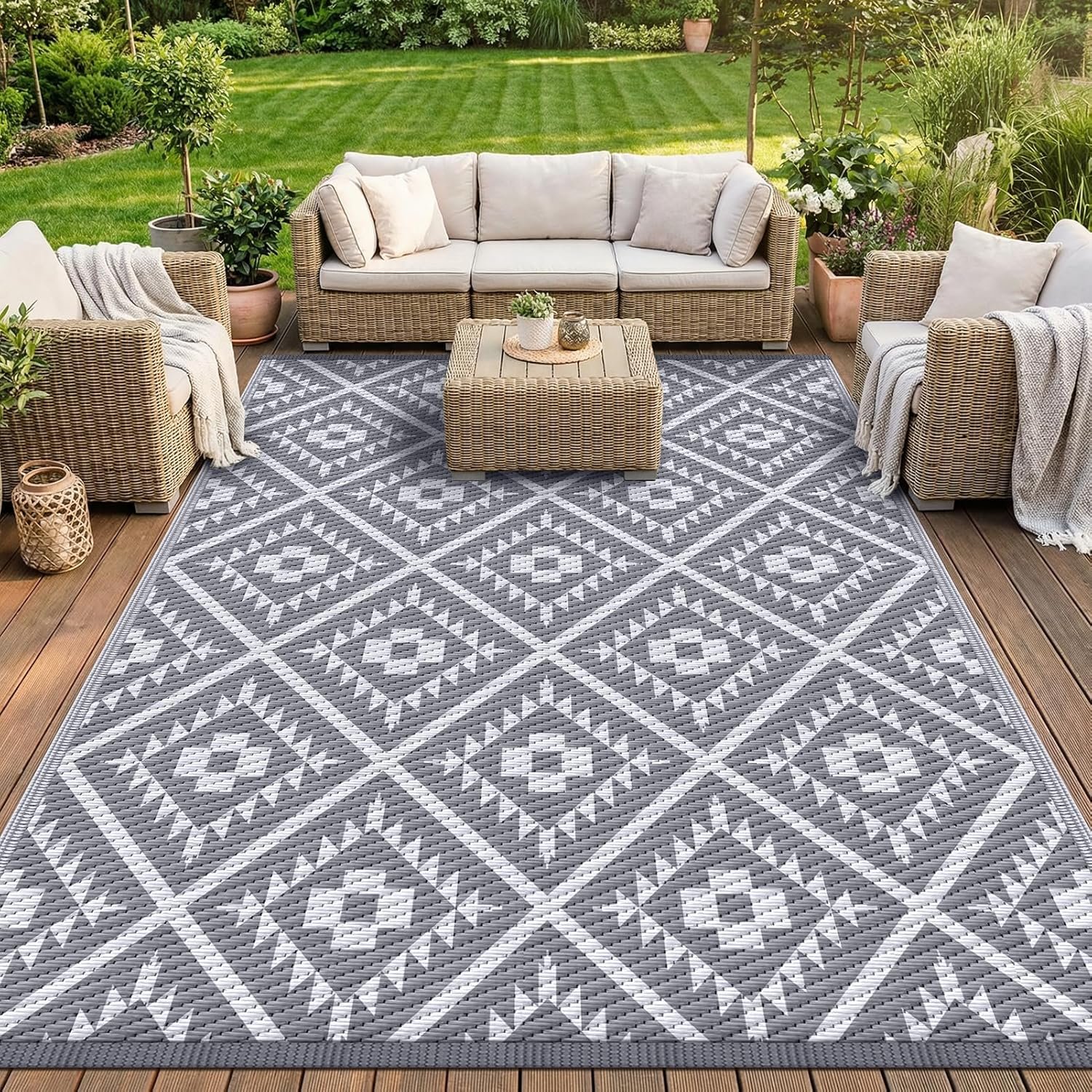 COOLTOP 9’x12’ Outdoor Rug for Patios Porches, Waterproof Plastic Camping Rugs, Modern Reversible Mat, Large Area Rugs for Backyard, Deck, RV, Balcony, Picnic, Beach, Grey & White