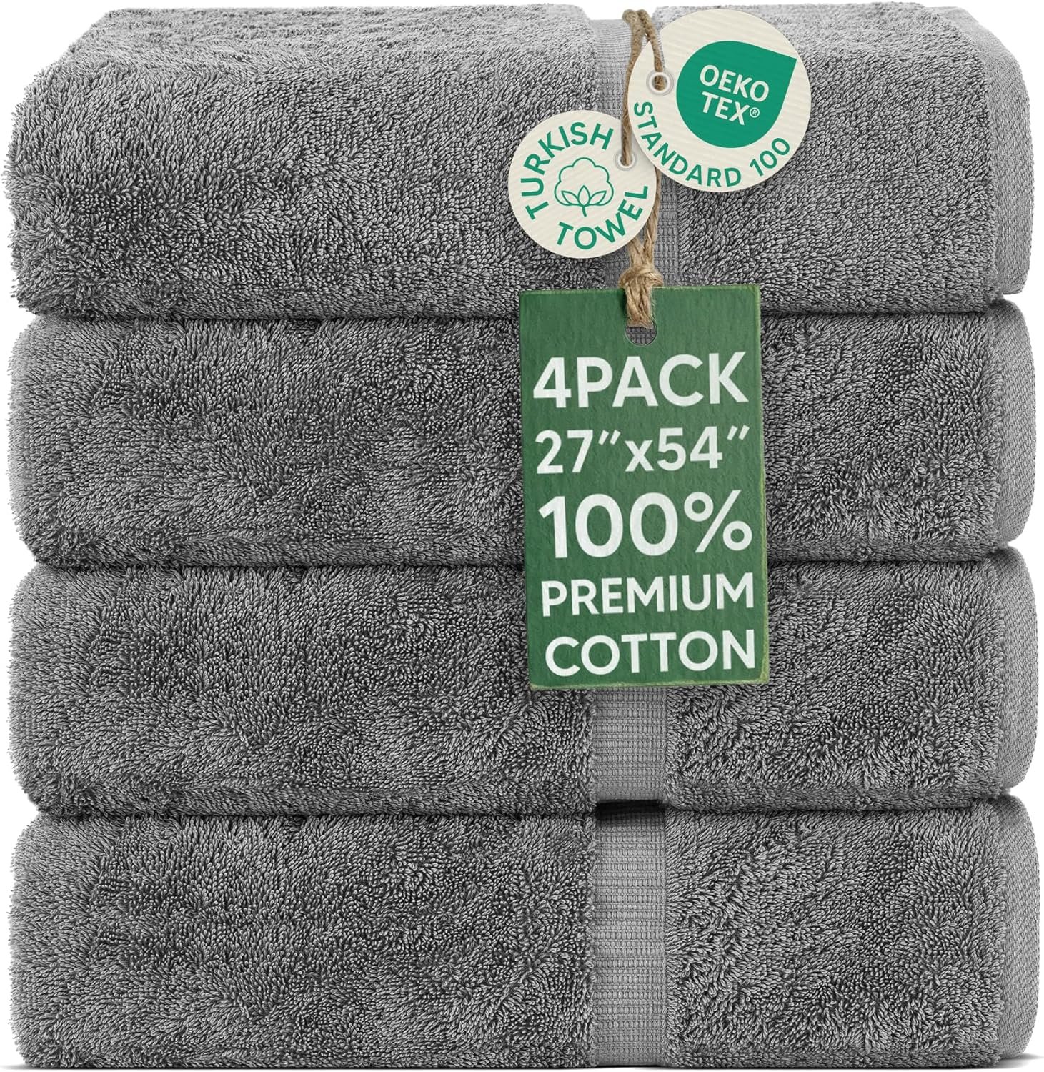 Chakir Turkish Linens 4 Piece Bath Towel Set, 100% Cotton Luxury Turkish Towels for Bathroom, Soft Absorbent Bath Towels, 27 x 54 Inches, Gray