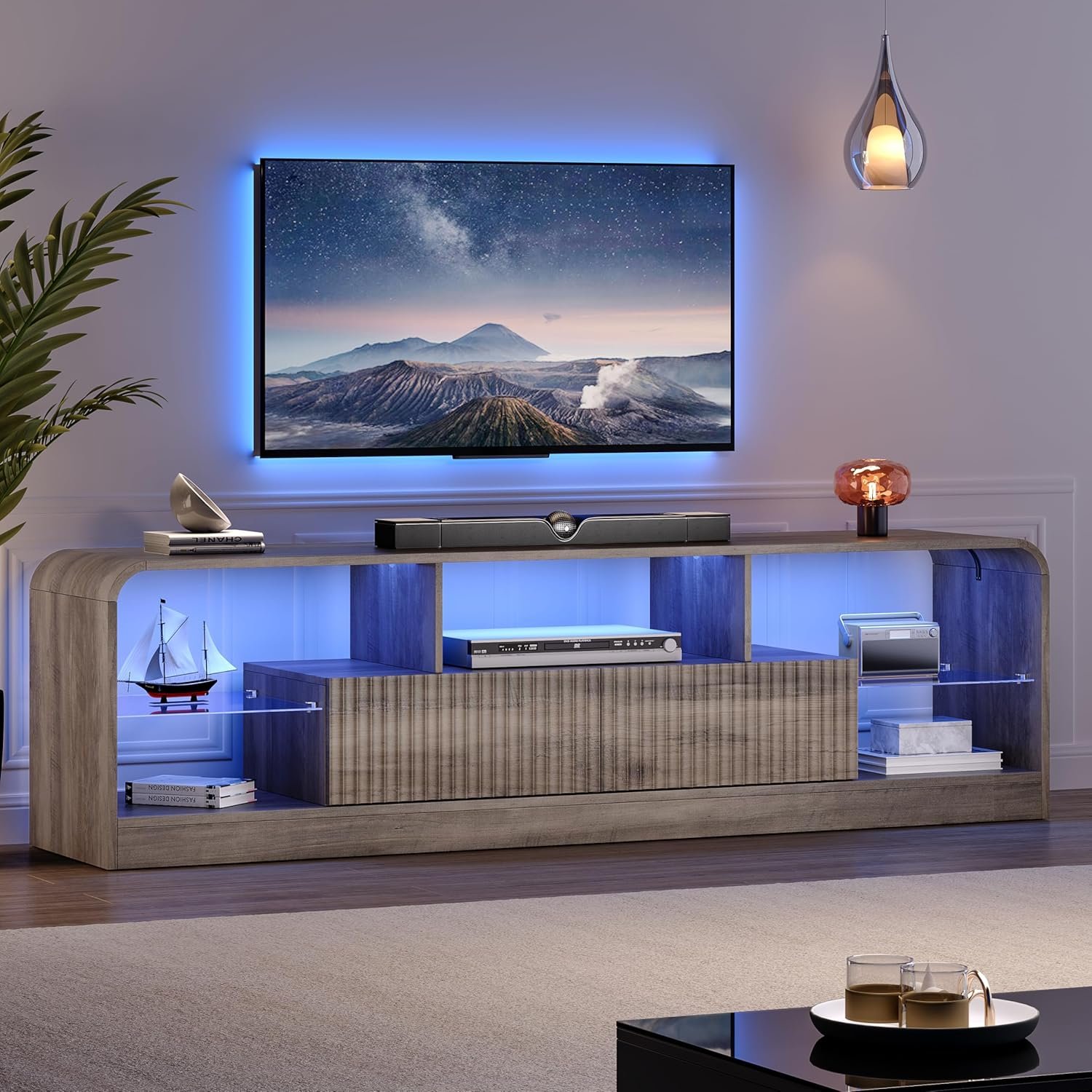 TV Stand for 60/65/70 Inch TVs, Modern Curved TV Console with LED Lights, 2 Drawers & Glass Shelves, Living Room Entertainment Center
