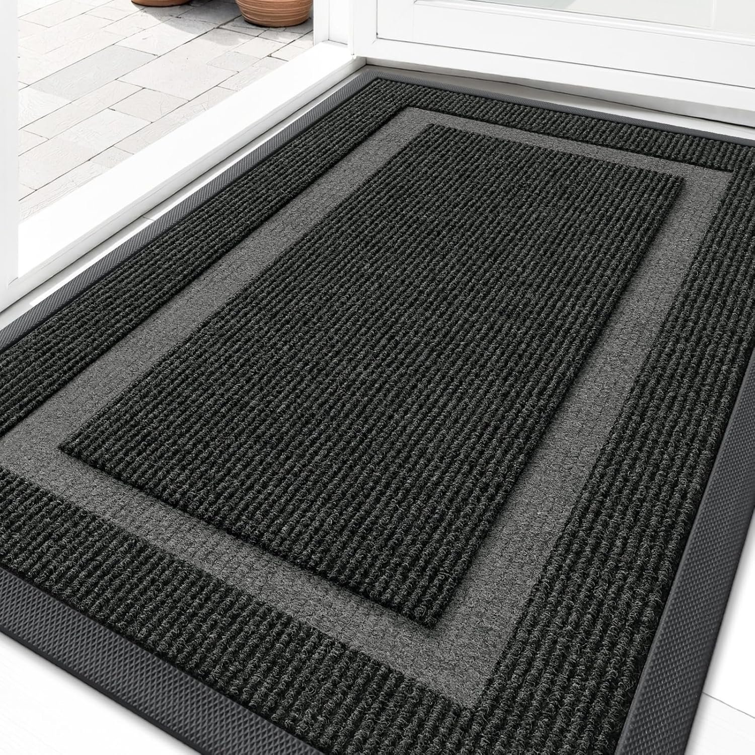 OLANLY Front Door Mat Indoor Outdoor Entrance, Waterproof All-Season, All-Weather Doormat, Sturdy Natural Rubber, Fade Resistant, Low Profile, Easy Clean Patio Porch Entryway Mat, 29.5×17, Black