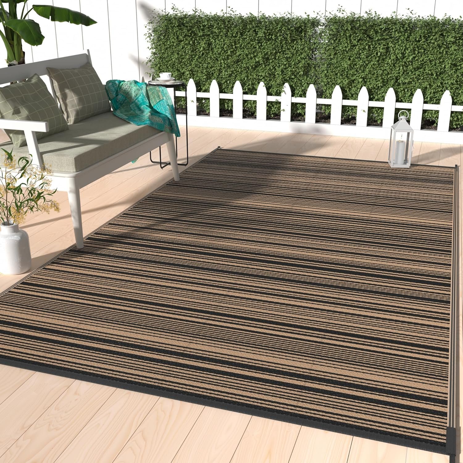 GENIMO Outdoor Rug 5×8 ft Waterproof, Reversible Plastic Straw Patio Rug for RV Camping Mat, Deck, Backyard Balcony Mat – Lightweight & Easy to Clean, BlackBrown