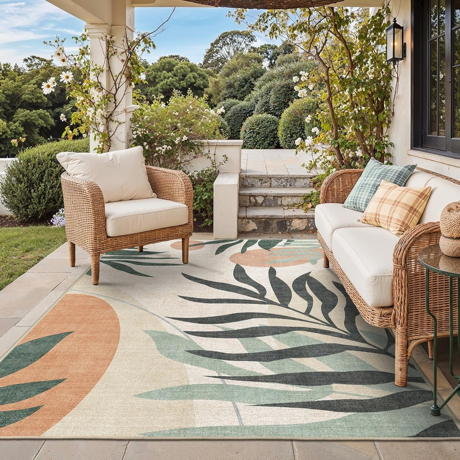 GENIMO Outdoor & Indoor Area Rug 5’x8′, Waterproof, Non-Shedding, Easy Cleaning, Leaf Mat for Patio, Living Room, Balcony, Dining Room, RV, Deck, Bedroom, Camping, Outside Carpet, Beige Grey