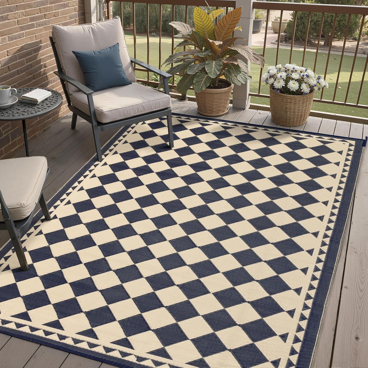 HUGEAR Outdoor Rug for Patios Clearance,Waterproof Mat,Large Outside Carpet,Reversible Plastic Straw Camping Rugs,Rv,Porch,Deck,Camper,Balcony,Backyard (5×8,Checkered/Black&Beige)