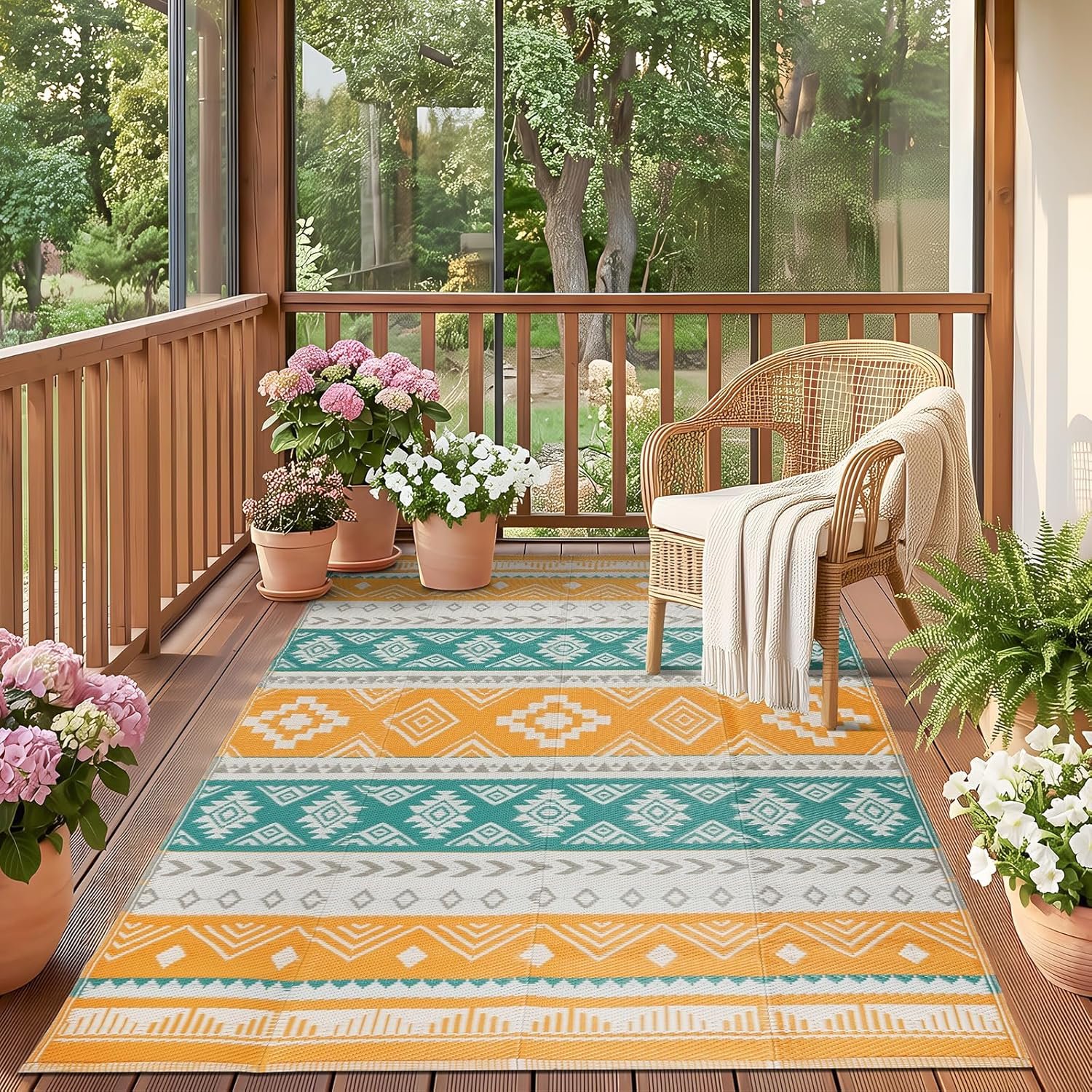 Outdoor Rug 5×8 ft Waterproof Reversible Plastic Straw Patio Camping Rug, Portable Indoor Outdoor RV Mat Carpet for Deck, Camper, Porch, Balcony, Backyard, Picnic, Yellow