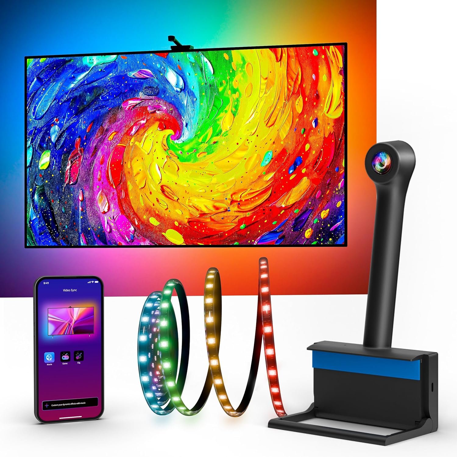 Ailofy TV Backlight with Camera for 55-65″ TVs, 12.5ft LED Strip Lights, Real-Time Full-Screen Sync for Movies, Gaming & Music, Smart Bias Lighting, Works with Alexa & Google Assistant, App Control