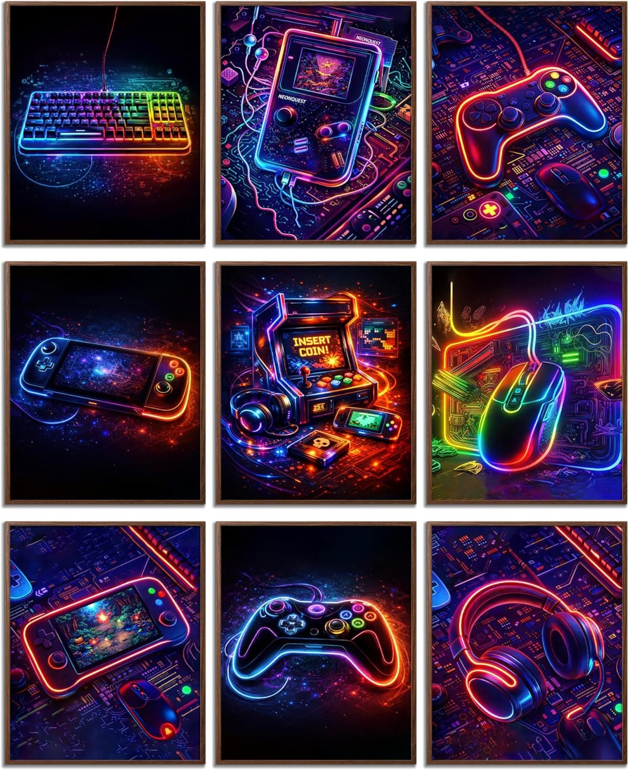 JBZDD Gaming Wall Art Set of 9 Neon RGB Gamer Posters Video Game Wall Decor for Gaming Setup Game Room Teen Boys Bedroom Controller Keyboard Arcade Decor 8×10 Unframed