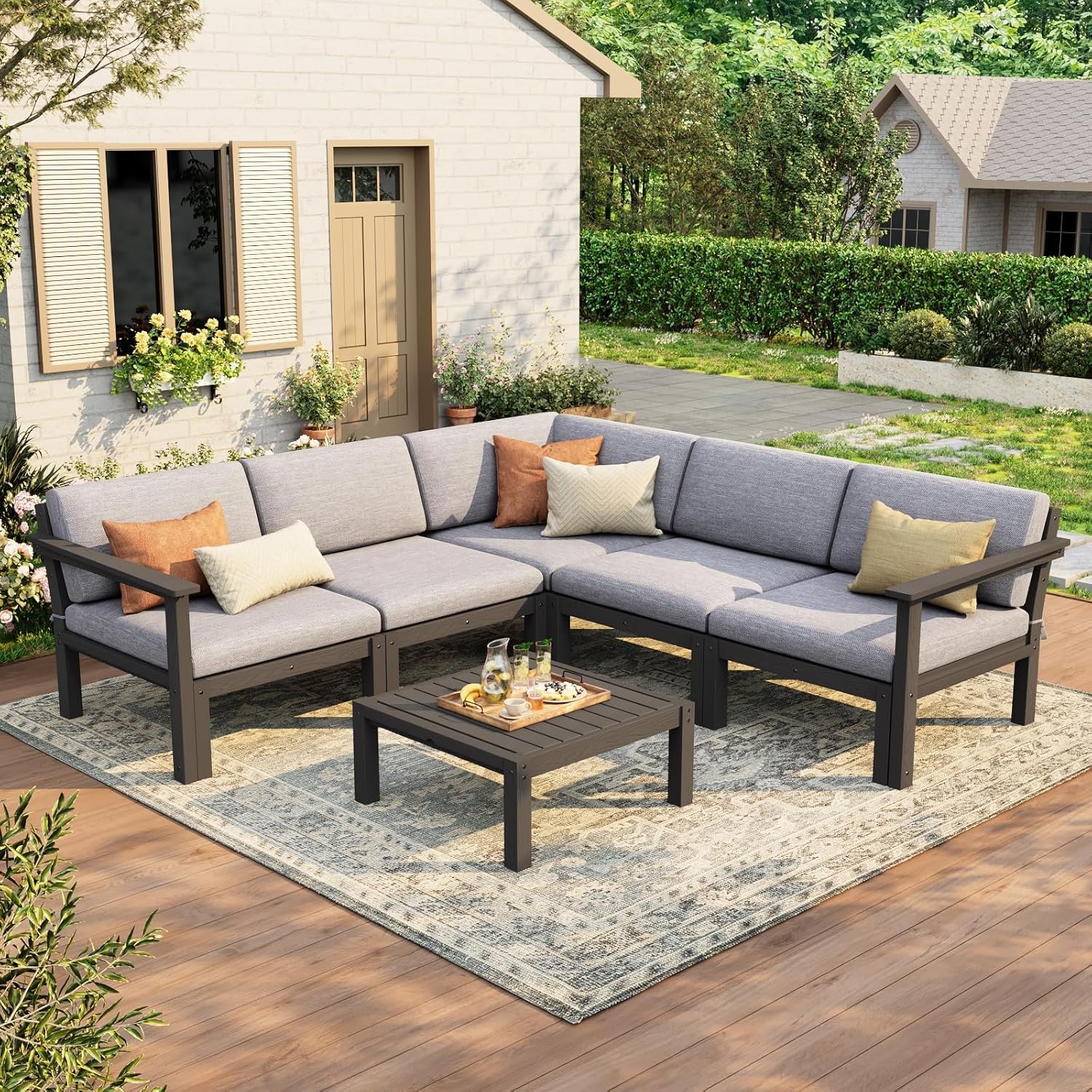 Stoog 6-Piece Patio Sectional Sofa Set, Modular Outdoor Furniture Set – All-Weather Waterproof HIPS Frame & Quick-Dry Olefin Cushions, Black