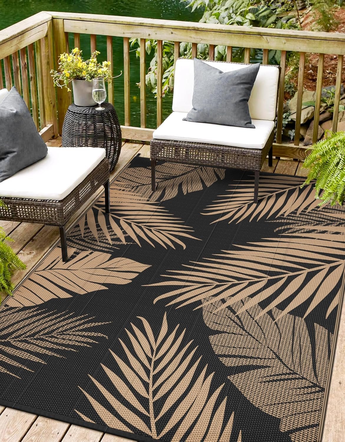 sarben Outdoor Rug 4’x6’ Waterproof for Patio Clearance, Reversible Indoor Outdoor Plastic Straw Camping Rug Carpet, RV Mat, Large Area Rug for Deck, Backyard, Balcony, Porch, Beach, Black & Brown