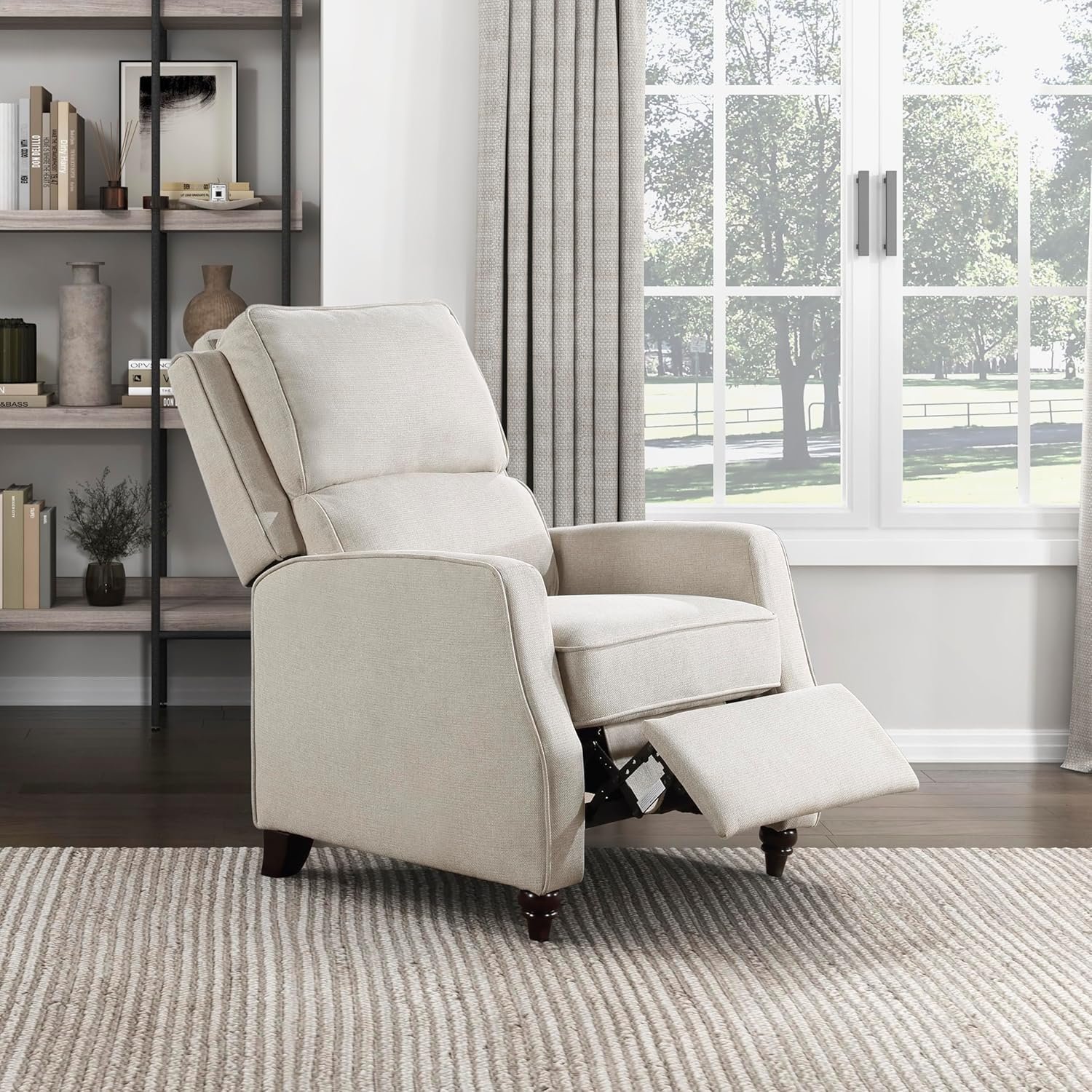 Lexicon Push Back Recliner Chair, Manual Accent Recliner with Track Arms & Bun Feet, Deep Cushioned Comfort, Modern Fabric Reclining Armchair for Living Room, Bedroom & Office, 29.5″ W – Beige
