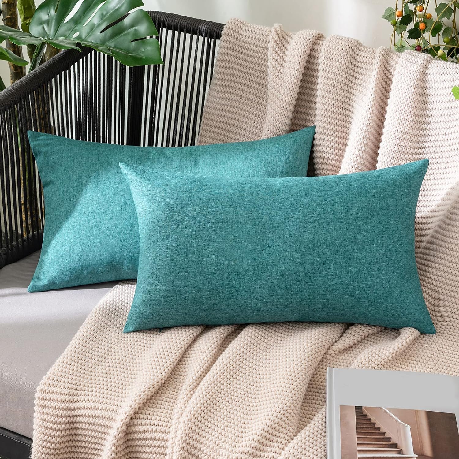 MIULEE Pack of 2 Decorative Outdoor Solid Waterproof Throw Pillow Covers Faux Linen Garden Farmhouse Coastal Cushion Cases for Summer Patio Tent Balcony Couch Sofa 20×12 Inch Turquoise