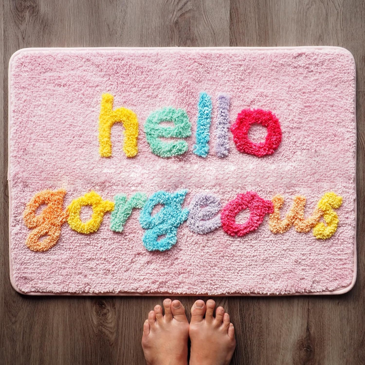 Evovee Hello Gorgeous Bath Mat Light Pink Rainbow Colorful Blush Cute Bathroom Rugs for Girls You Look Good Beautiful Funny Shower Fun Bathroom Decor Non-Slip Washable Kids Women