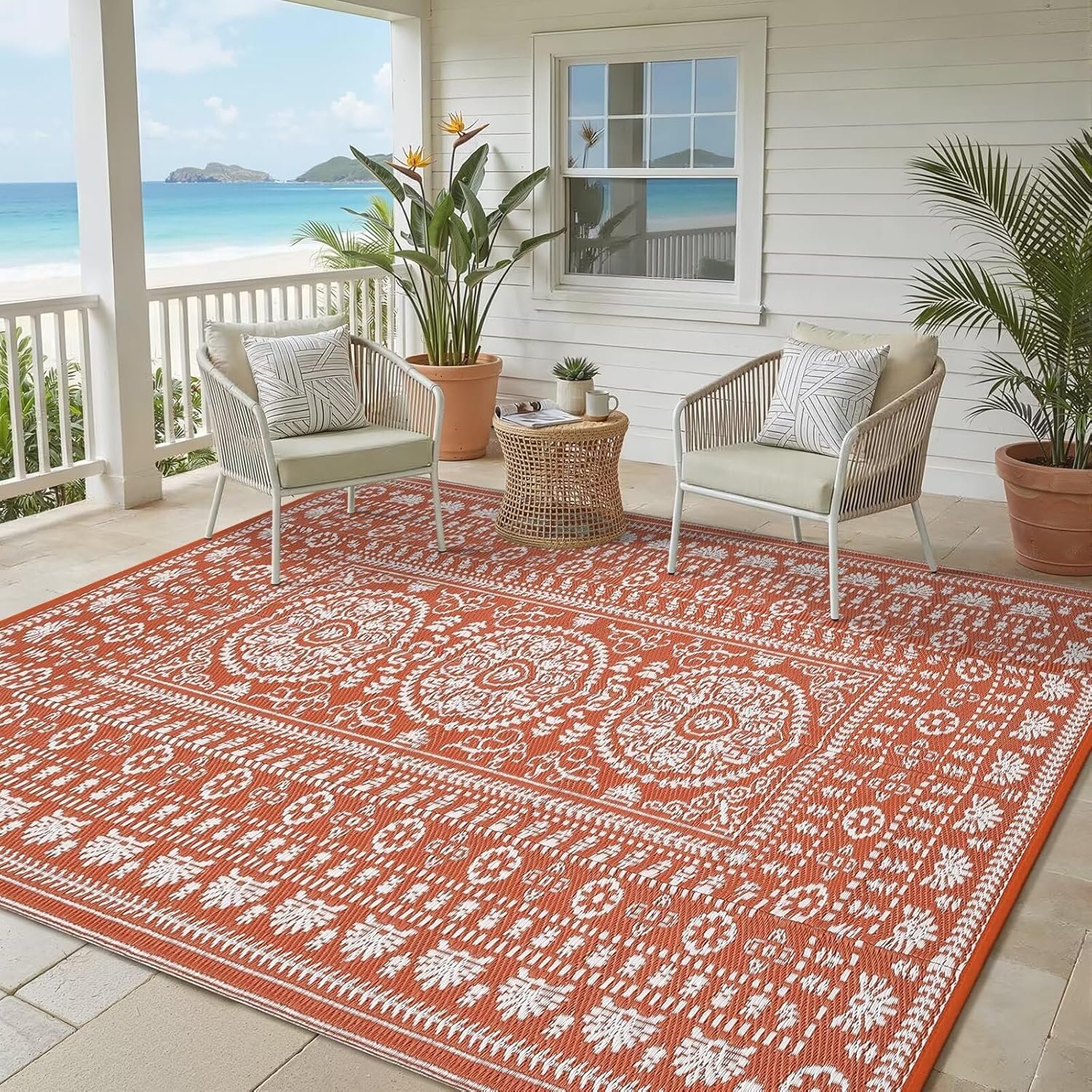 Garvee Reversible Outdoor Rug 5×8 for Patio, Waterproof Outdoor Area Rug, Boho Medallion Indoor Outdoor Carpet for Porch, Plastic Straw Rug for RV, Camping, Deck, Vintage Terracotta