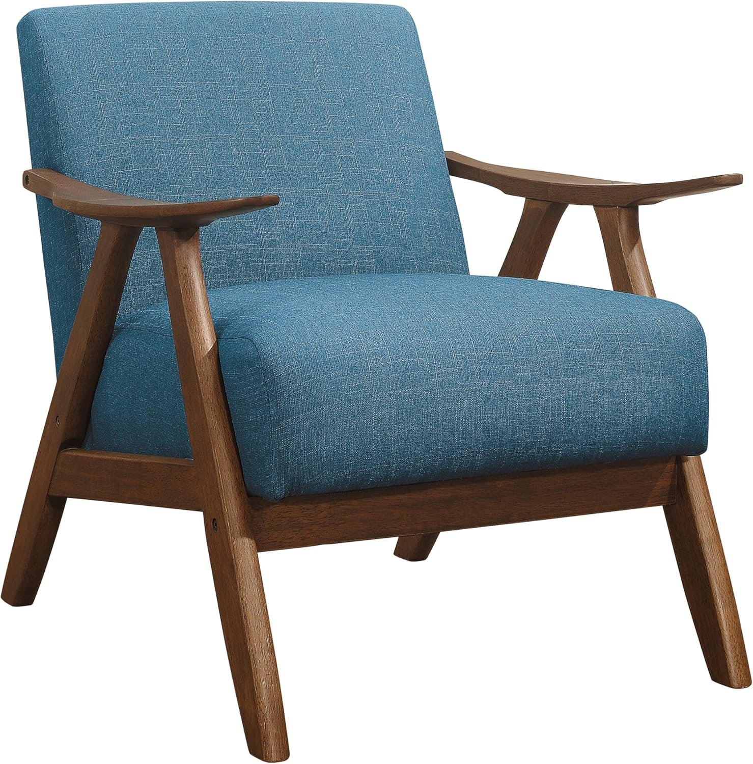Lexicon Mid Century Modern Accent Chair with Solid Wood Frame in Walnut Finish, Upholstered Living Room Lounge Arm Chair, Thick and Comfy Innerspring Seat Cushion, Linen-Look Fabric, Blue