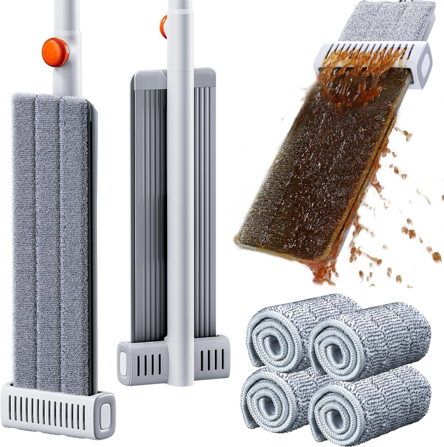 Self Wringing Microfiber Mop – Hands-Free Flat Mop with Wringing Blade | Aluminum Panel, Wet Dry for Apartment, Tiny Home, Windows, Wall, Hardwood, Laminate, Tile, Vinyl, 4 Reusable Pads