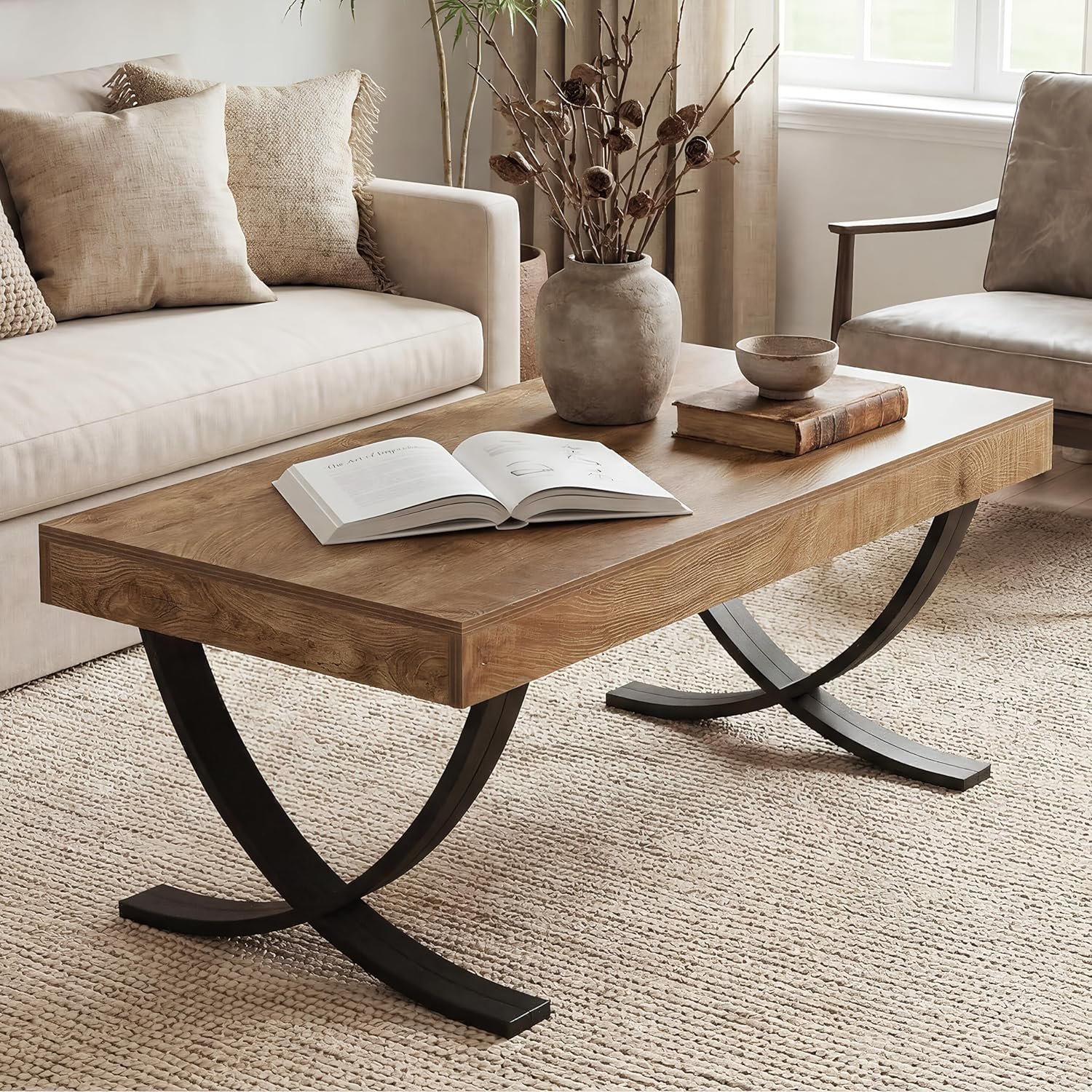LITTLE TREE 47” Coffee Table, Rectangle Center Table for Living Room, Industrial Modern Living Room Table, Wood Coffee Table with Curved Cross Legs, Thickened Wood Grain Top, Rustic Brown & Black