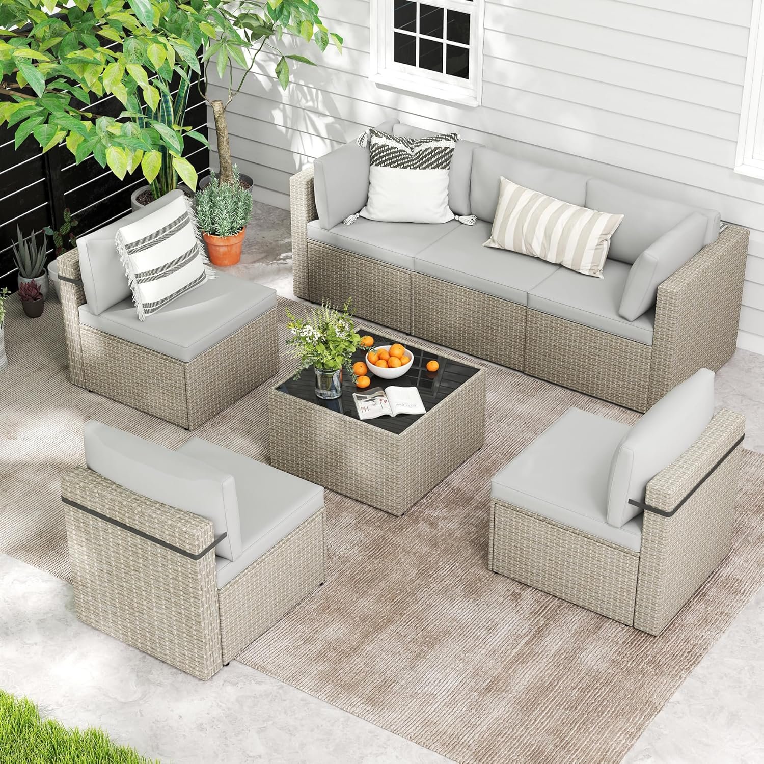 7-Piece Outdoor Sectional Sofa Set, Weather-Resistant Patio Furniture Set with Washable Cushions and Coffee Table, Grey Rattan Patio Conversation Set for Poolside, Backyard, Deck (Grey)