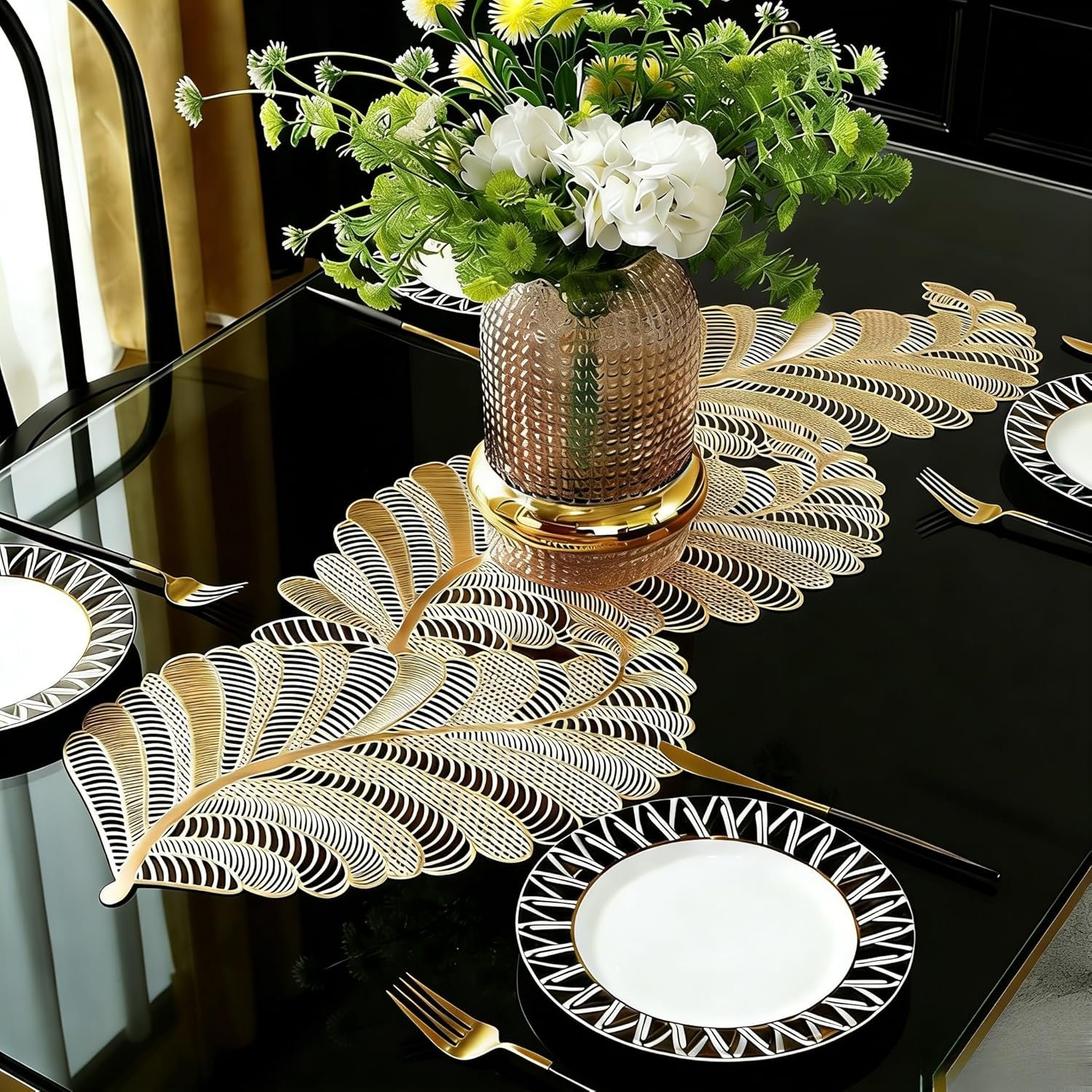 FAVE Heat Resistant Washable Table Runner 36 Inches Vinyl Golden Table Runner for Wedding, Party, Holiday Dining & Restaurant Decor, Easy Clean & Non-Scratch( Golden Leaf Shaped)
