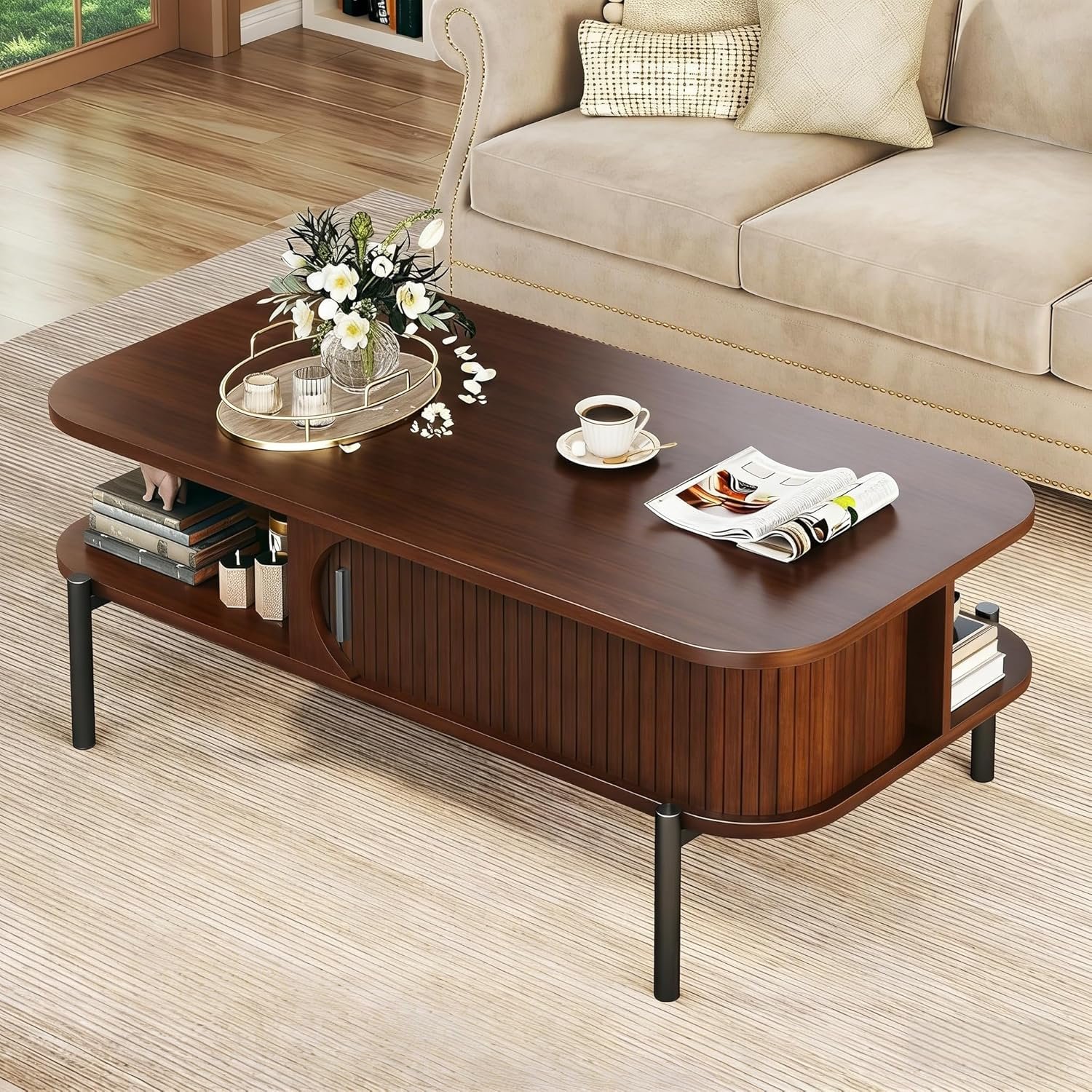 Coffee Table, 39.4″ Mid Century Modern Coffee Tables for Living Room, Coffee Table with Storage Open Shelf, Fluted Table with Sliding Cabinet Door, 2-Tier Rustic Wood Desktop, Walnut