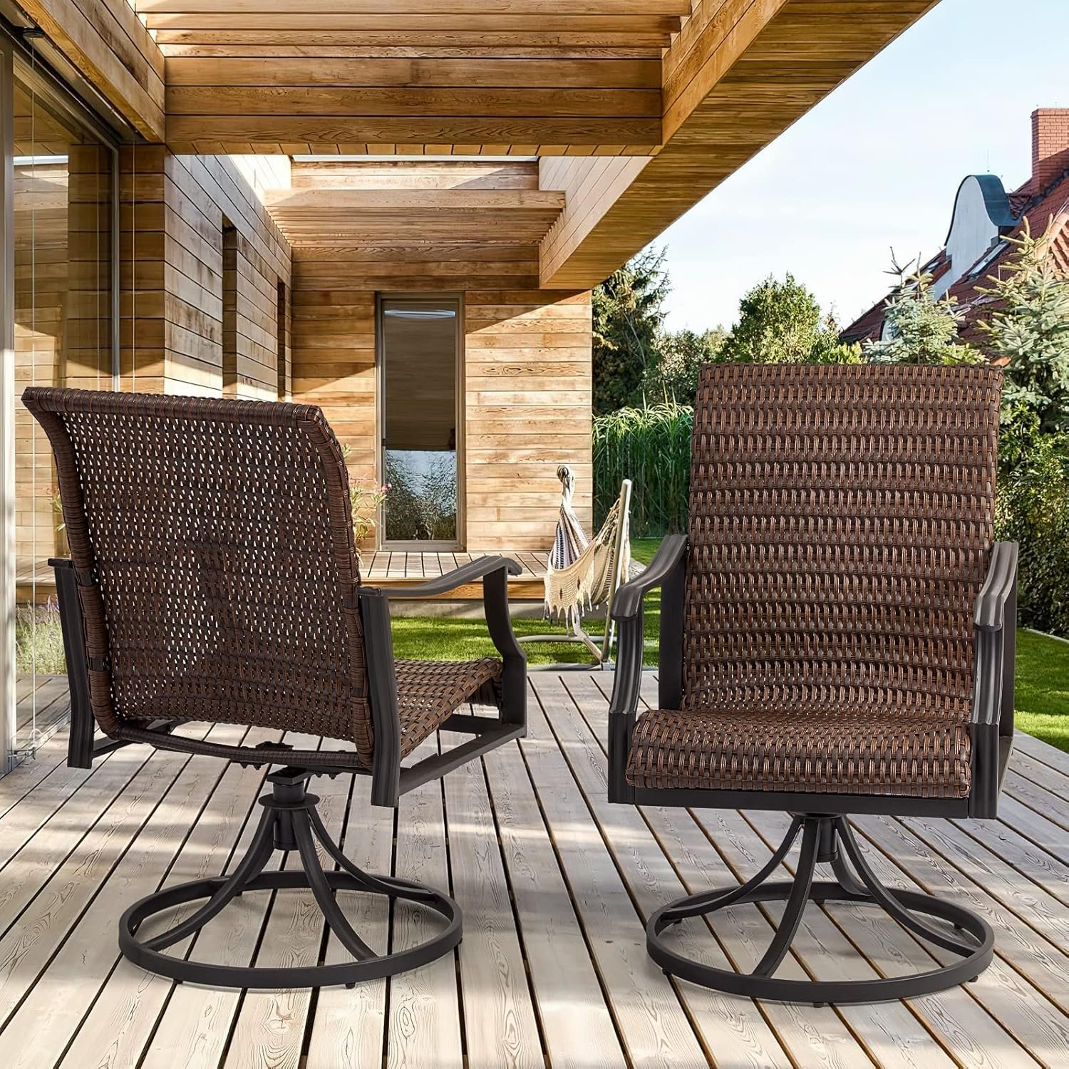 EROMMY Patio Wicker Swivel Chair Set of 2, Heavy Duty Outdoor Dining with 23.5” High Back, Extra-Large Water-Fall Seat, Rattan Porch Gentle Rocker for Outside, Garden, Backyard, 2 PCS (Patio Set)