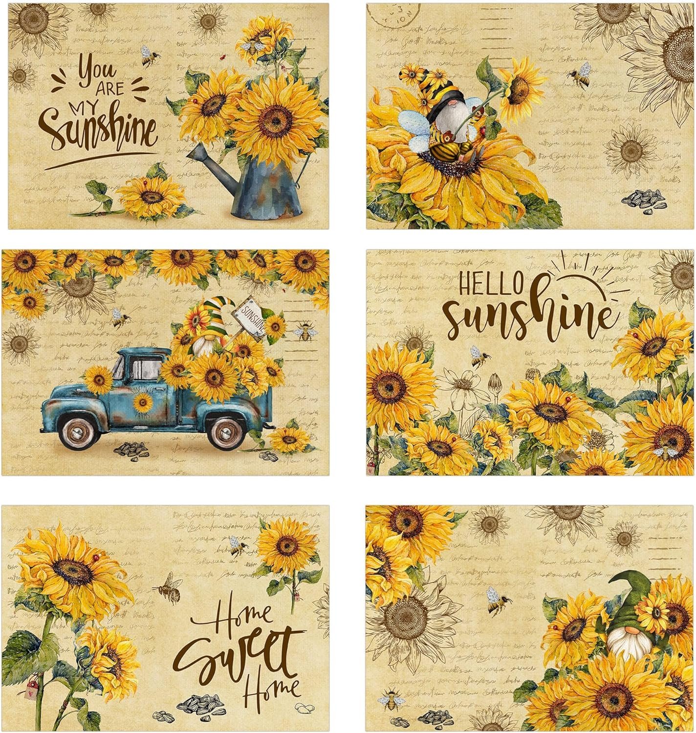 pinata Sunflower Linen Square Summer Spring Placemats Set of 6, Sunflower Table Decor, Vintage Summer Spring Gnome Truck Washable Table Mats for Farmhouse Indoor Outdoor Party Dining Decoration