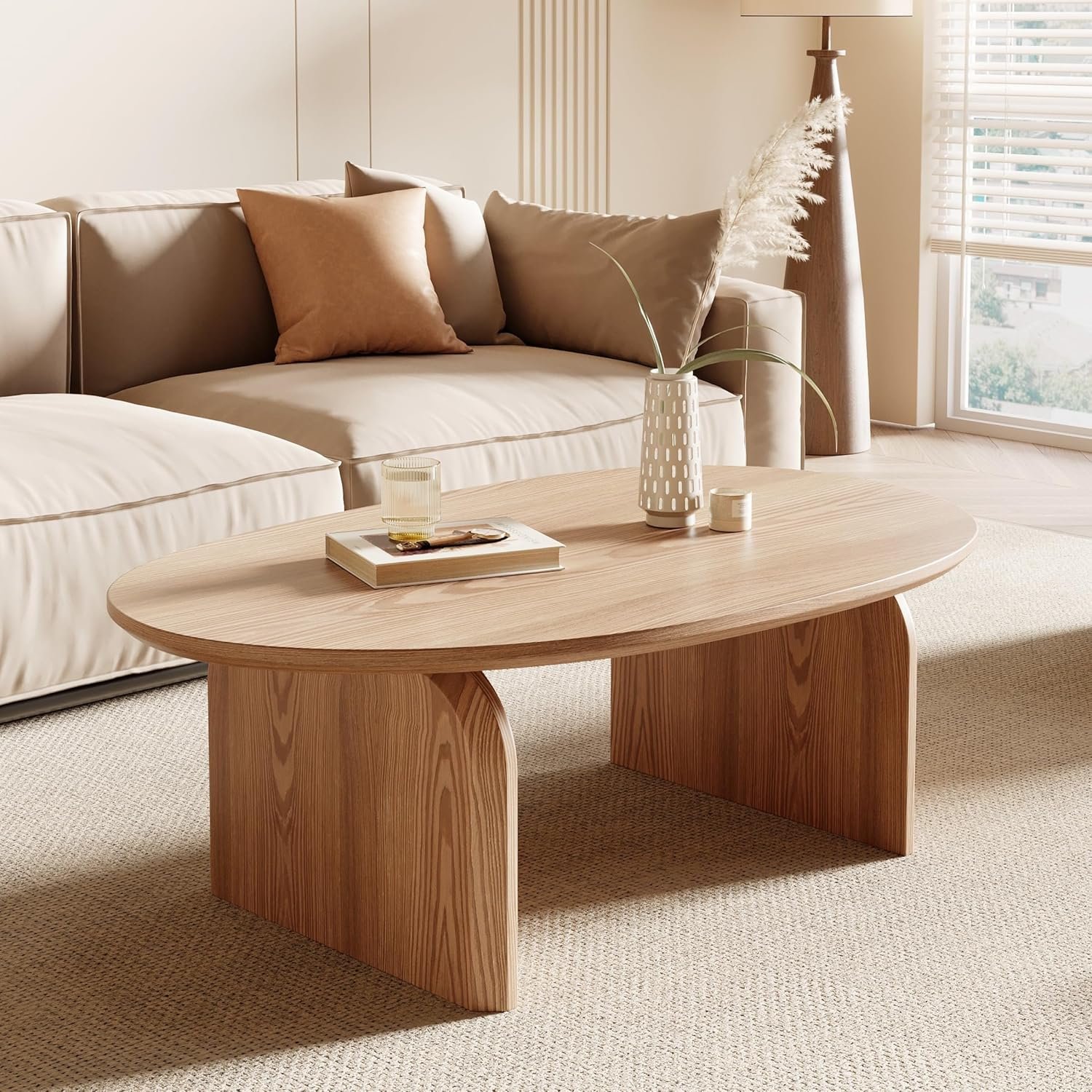 Honyee Modern Oval Coffee Table, Small Coffee Tables for Living Room – Oak Wood Top with Solid Legs, Wooden Center Table Easy Assembly for Living Room &Bedroom,Office, Natural
