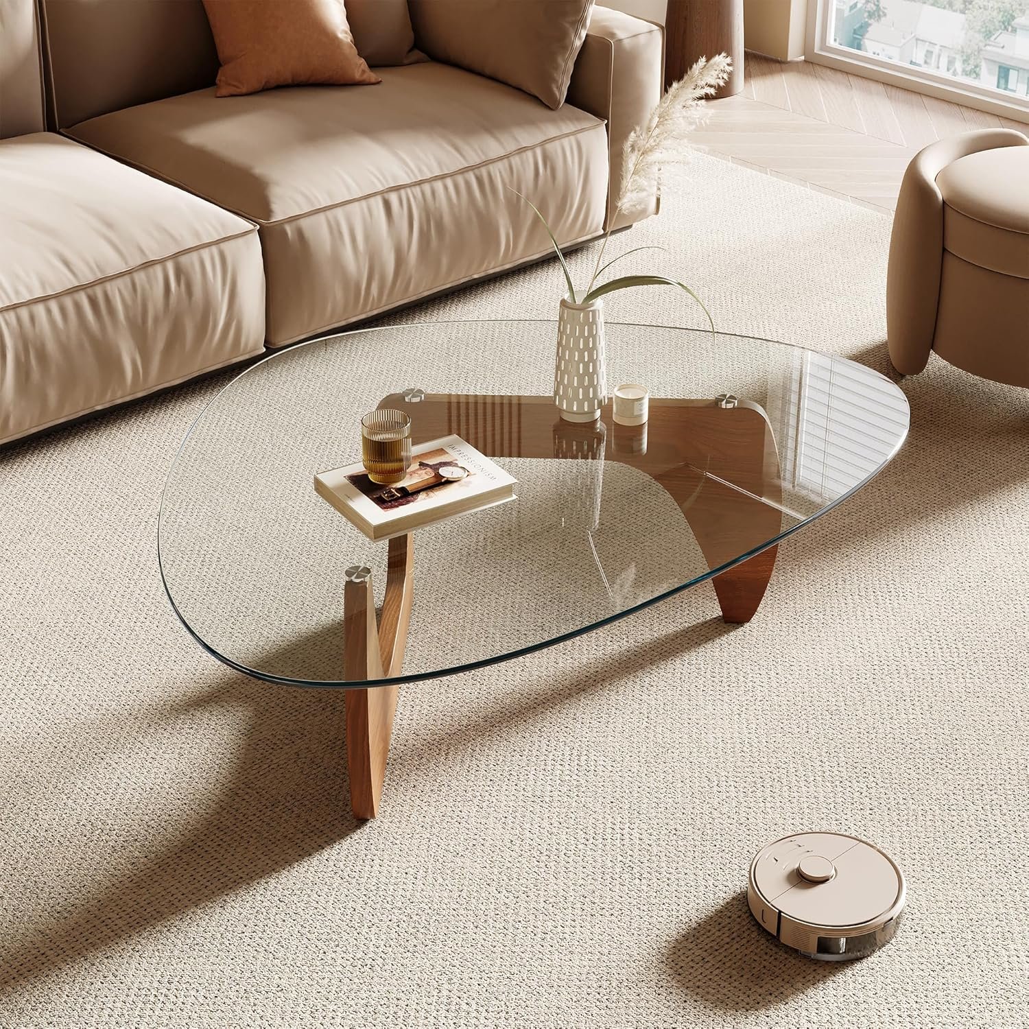 Honyee Morden Coffee Table, 42.5″ x 28.5″ x 16.1″ Triangle Tempered Glass Top for Living Room, Color: Natural Wood