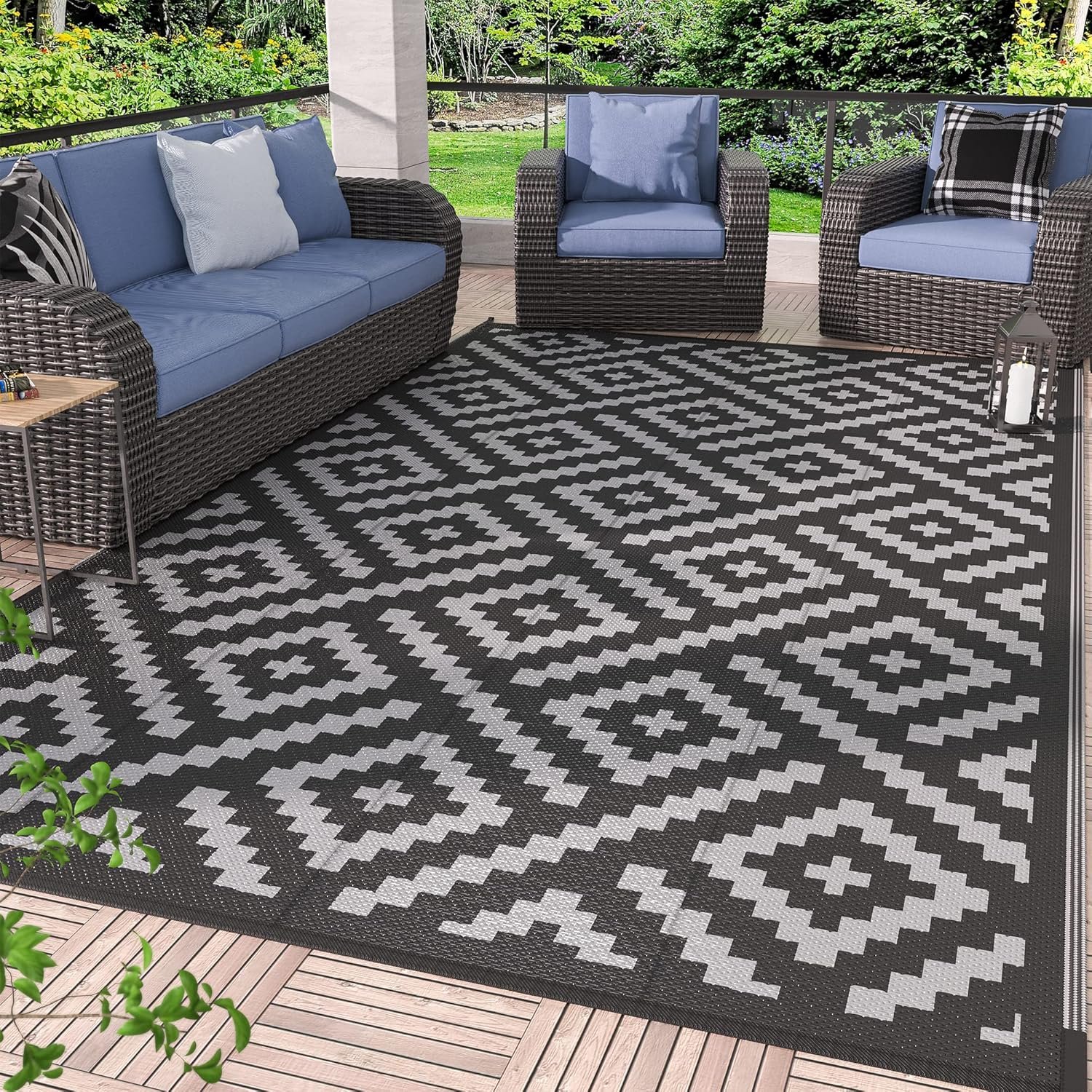 GENIMO Outdoor Rug for Patio Clearance,5’x8′ Waterproof Mat,Reversible Plastic Camping Rugs,Rv,Porch,Deck,Camper,Balcony,Backyard,Black & Gray