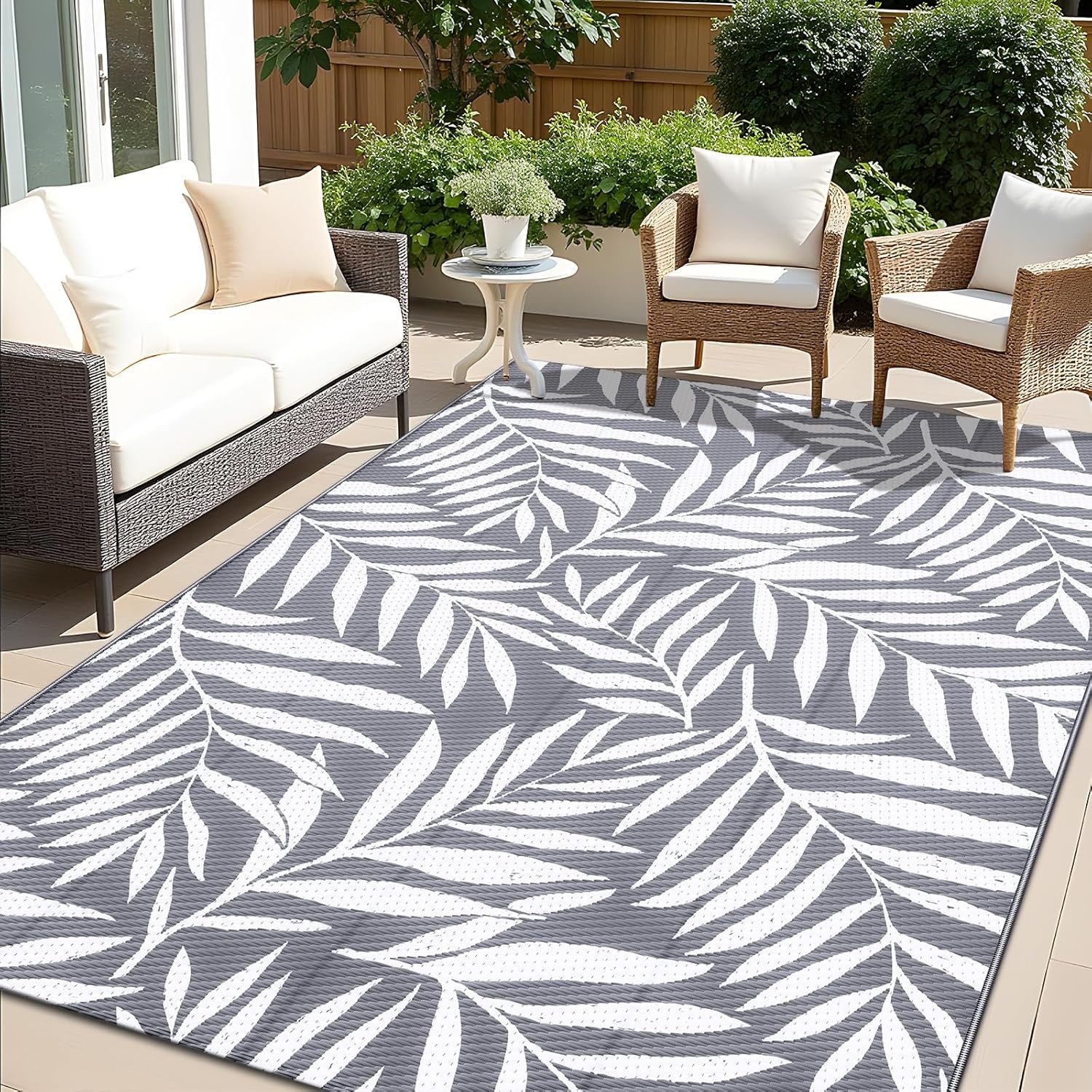 OLANLY Waterproof Outdoor Rug 5×8 ft, Reversible Outdoor Plastic Straw Rug with Leaf Pattern, RV Mat, Indoor Outdoor Carpet for Patio, Camping, Balcony, Deck, Backyard, Grey & White