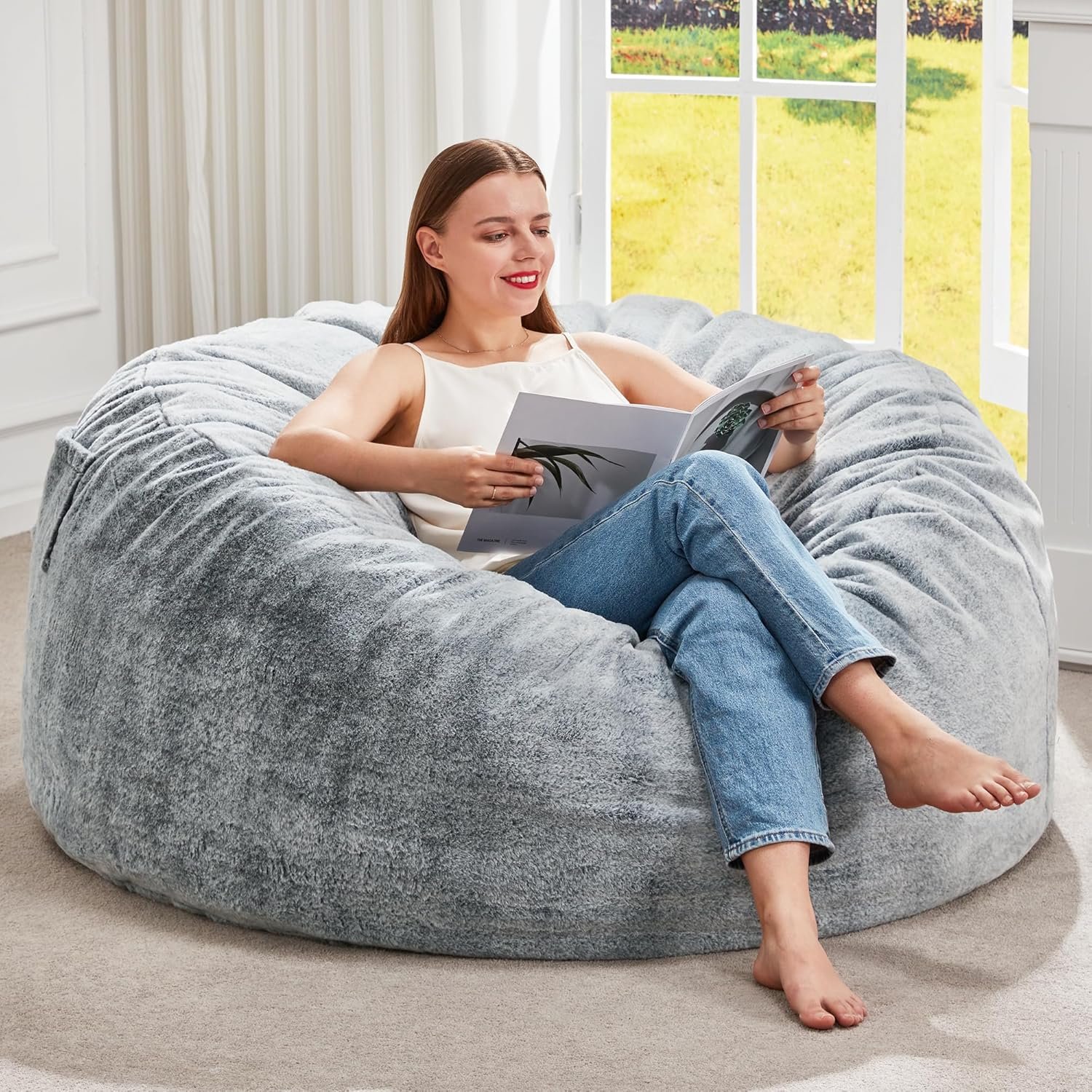 Hobestluk Bean Bag Chairs Giant Beanbag Chair with Filler, Memory Foam Bean Bags with Fluffy & Machine Washable Cover, Bean Bag Chairs for Aduts for Living Room, Bedroom (Grey, 3FT – 36” x 36” x 22”)