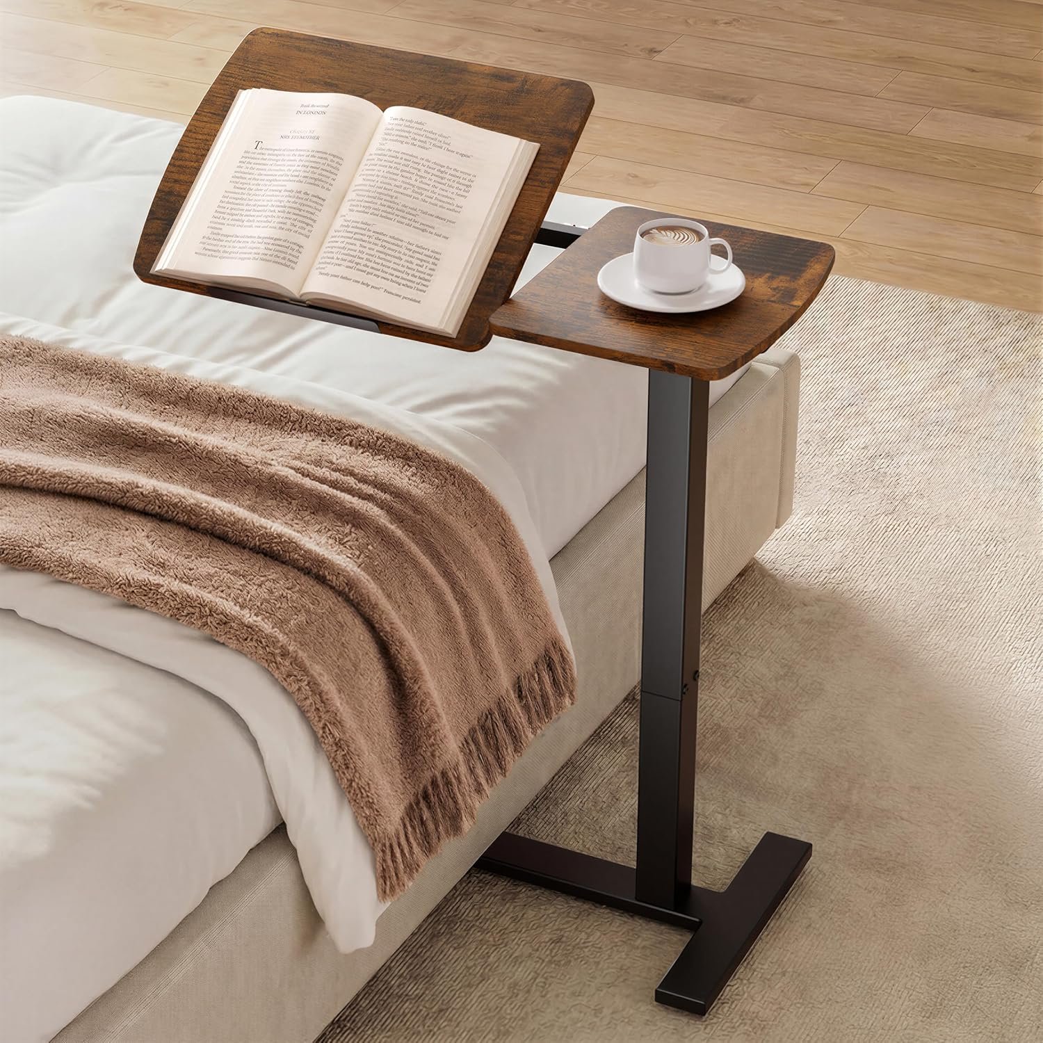 Sakugi Overbed Bedside Table with Wheels, Height Adjustable Laptop Desk, Hospital Bed Table with Right-Side Tilt Top, Rolling Bed Tray for Home & Office,27.6″ L x 12.9″ D x 29.1″–39″ H, Brown