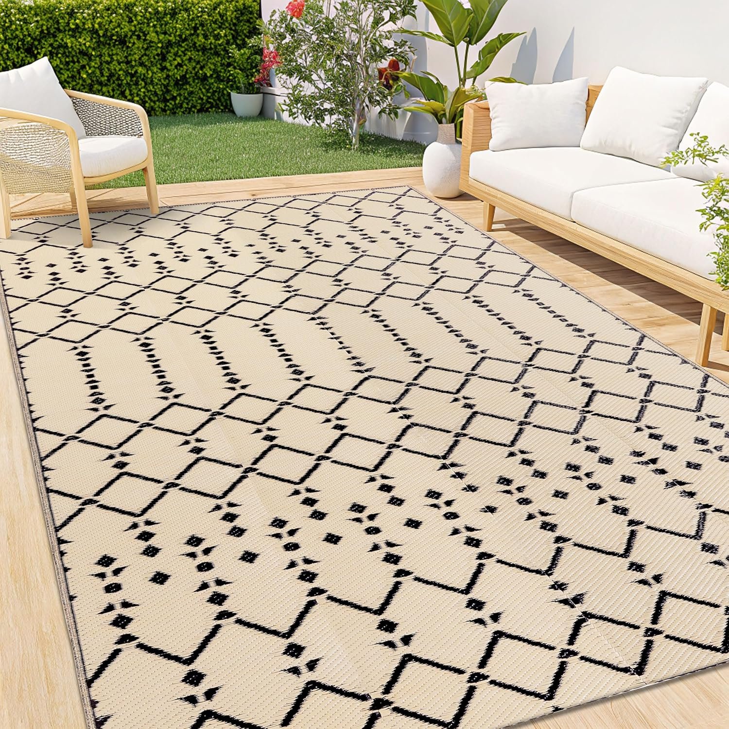 Smiry Outdoor Rug 5×8 ft, Waterproof Reversible Plastic Straw Rugs, Boho Outdoor Area Rug, Outside Floor Mat for Patio, Backyard, Deck, Picnic, Beach, Camping, Beige