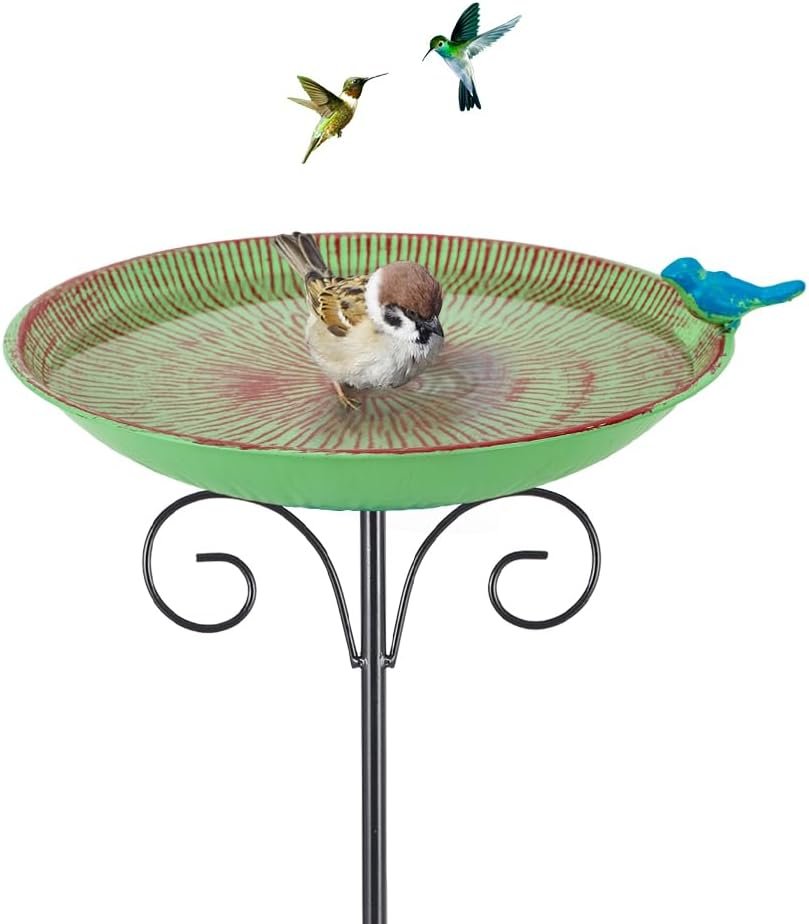 Metal Bird Bath for Outdoor,10″ Standing Frees Birdfeeder with Metal Stake,Vintage Bird Baths Feeder Bowl for Outdoors Garden Patio Yard Lawn Decor (Green)