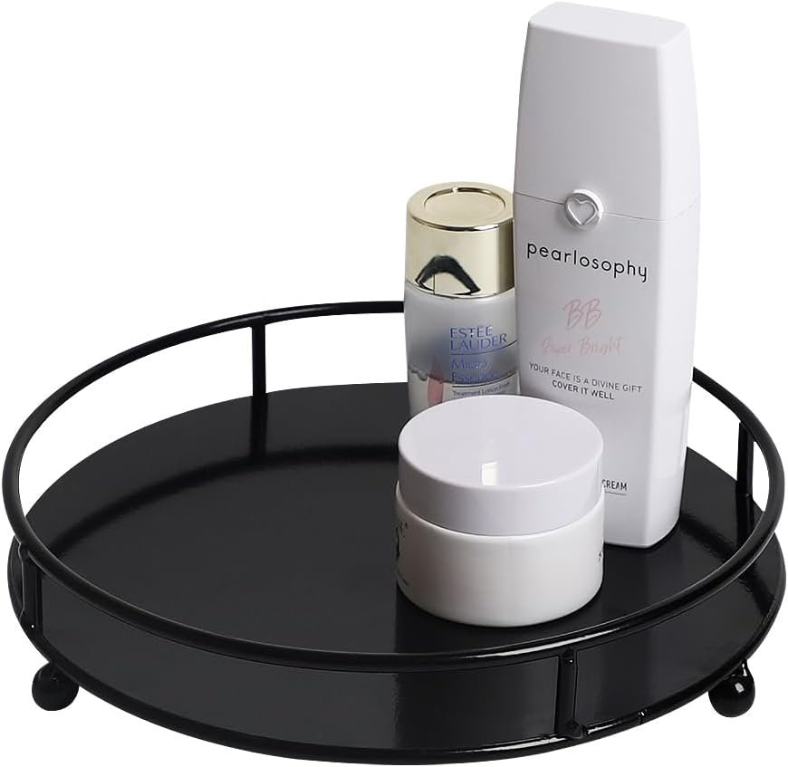 Jewelry Tray Perfume Display Organizer Bathroom Storage Vanity Tray Tabletop Display for Cosmetic, Candle, Jewelries, 8″ Round Black, Small