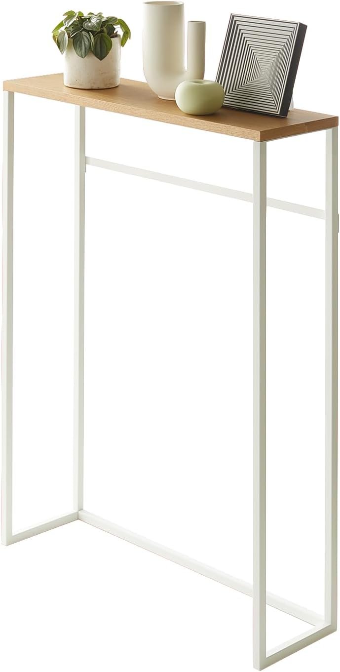 YAMAZAKI Home Slim Console Table – Narrow Entryway Table (24 Inch) with Hooks, Ultra-Shallow Skinny Table for Small Spaces, Modern White Narrow Console Table, Steel + Wood, Easy Assembly | Modern