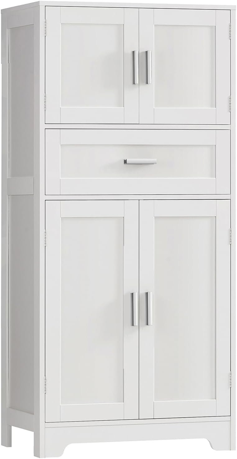 TEENFON Bathroom Storage Cabinet with Adjustable Shelf & Large Drawer, Tall Storage Cabinet with 4 Doors, Kitchen Pantry Storage Cabinets, for Living Room, Dining Room, Home Office, Entryway, White