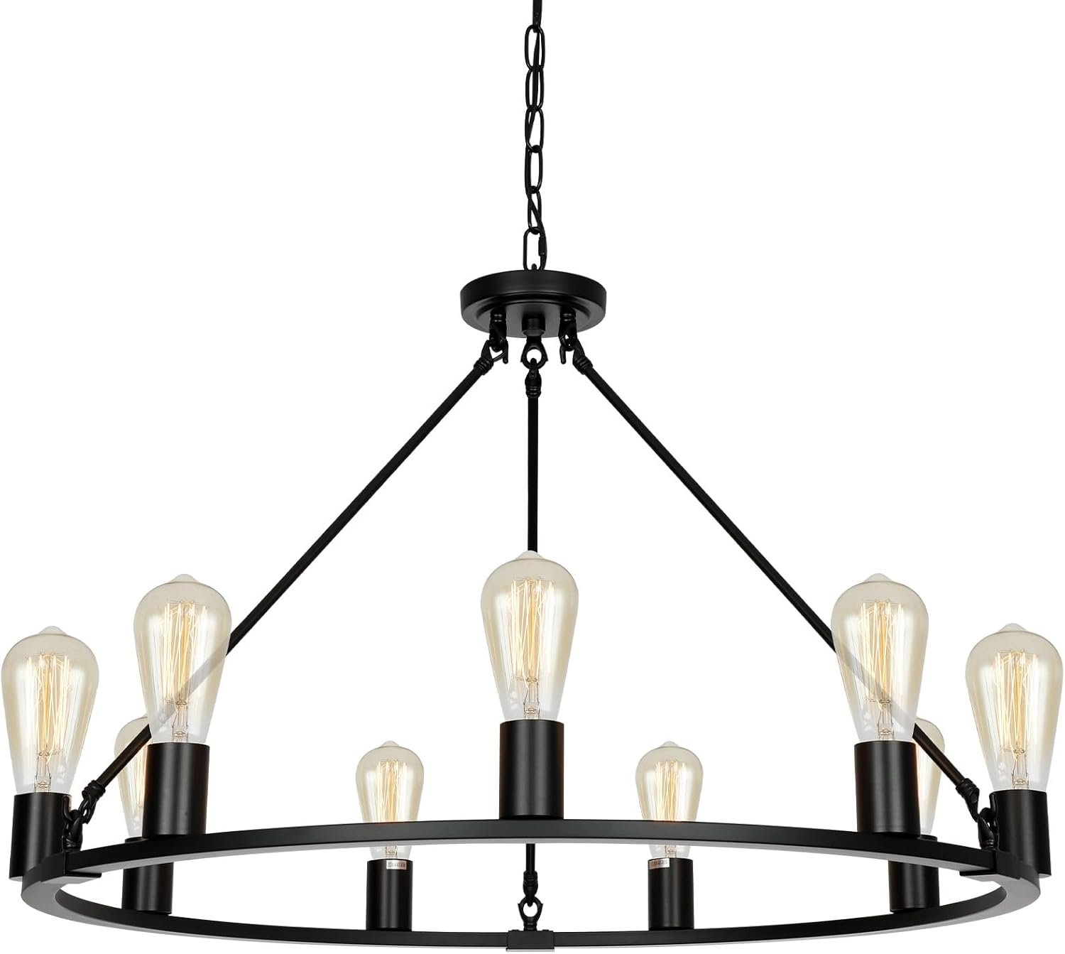 9-Lights Farmhouse Chandelier | Dia 32” Black Wagon Wheel Chandelier | Rustic Hanging Dining Room Light Fixture | Apply to Living Room | Kitchen Island | Entryway | Foyer