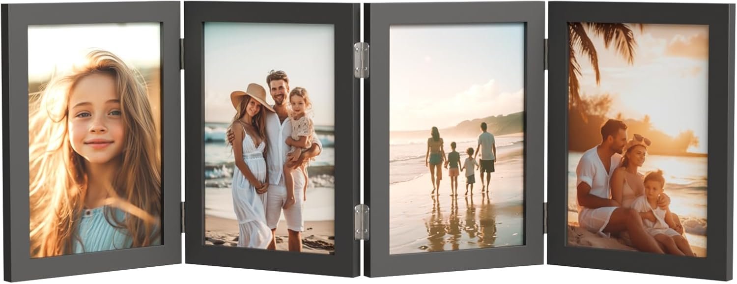 WARM&LOVE 4 Picture Frame, 4×6 Four Folding Hinged Photo Frames, Rustic Wood Desk Family Photo Collage Stand Vertical on Tabletop for Birthday Family Lover Gift (Black)
