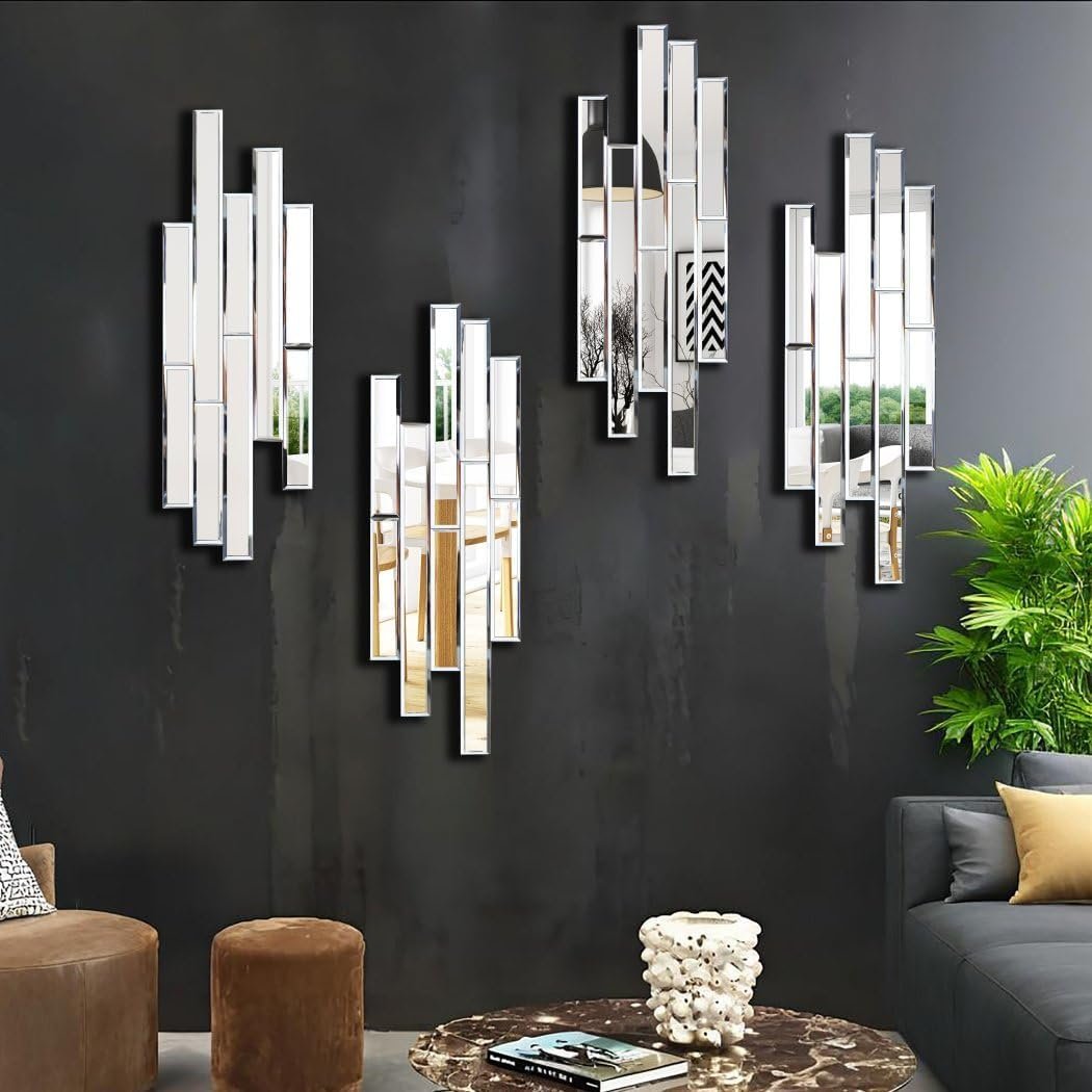 Artisan Set of 4 Silver Beveled Wall Decor Mirrors – 24×8 Inch Each, Creative Combination Design for Modern & Farmhouse Home Decor, Shatter-Resistant Glass with Wood Backing