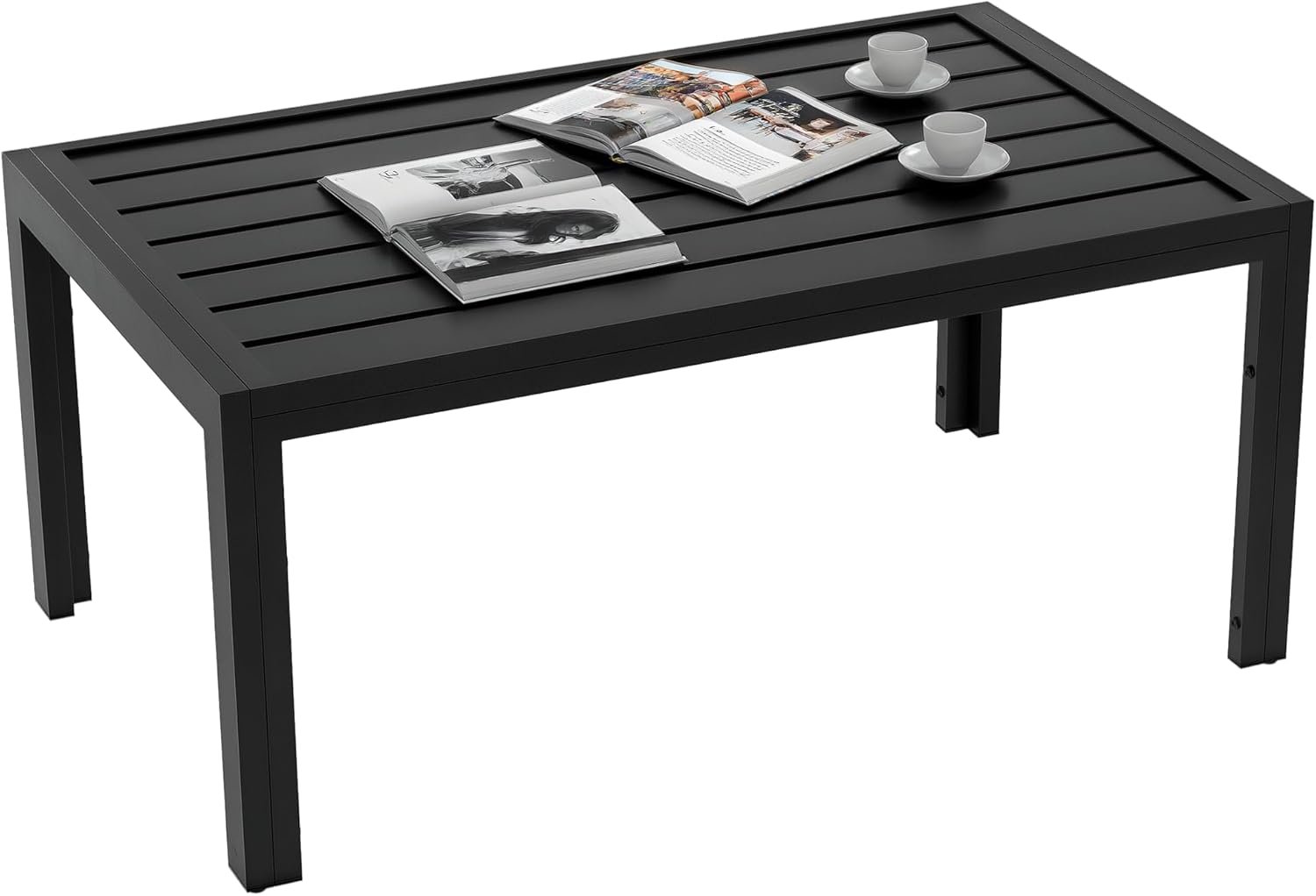 Outsunny Patio Coffee Table, Rectangle Outdoor Side Table with Steel Frame and Slat Tabletop for Garden, Balcony, Backyard, Porch, Black