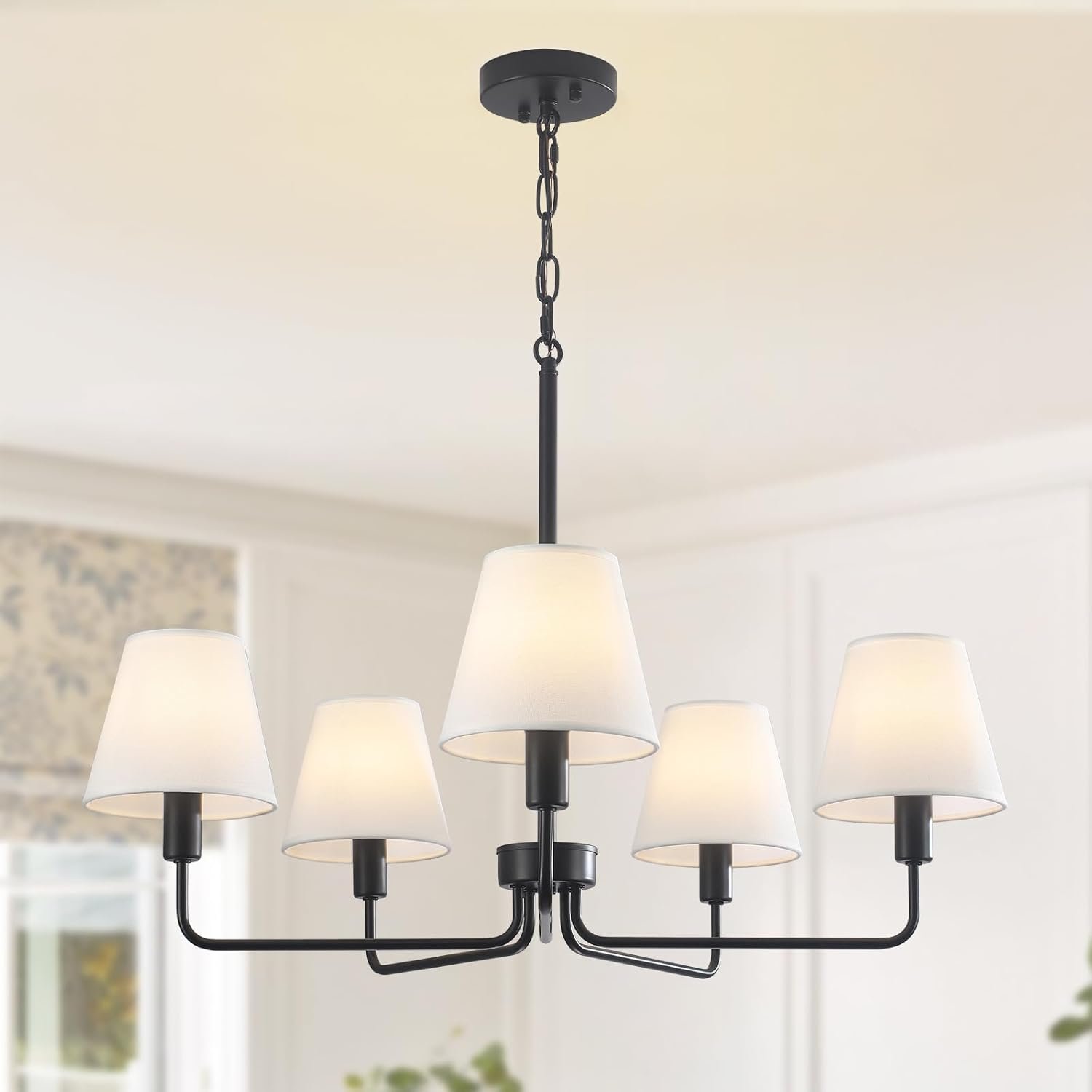 29.52″ Black Farmhouse Chandelier with Fabric Shade, 5-Arm Vintage Modern Dining Room Light Fixture, Kitchen Island Pendant Hanging Foyer Light Fixture for Entryway Hallway Living Room Over Table