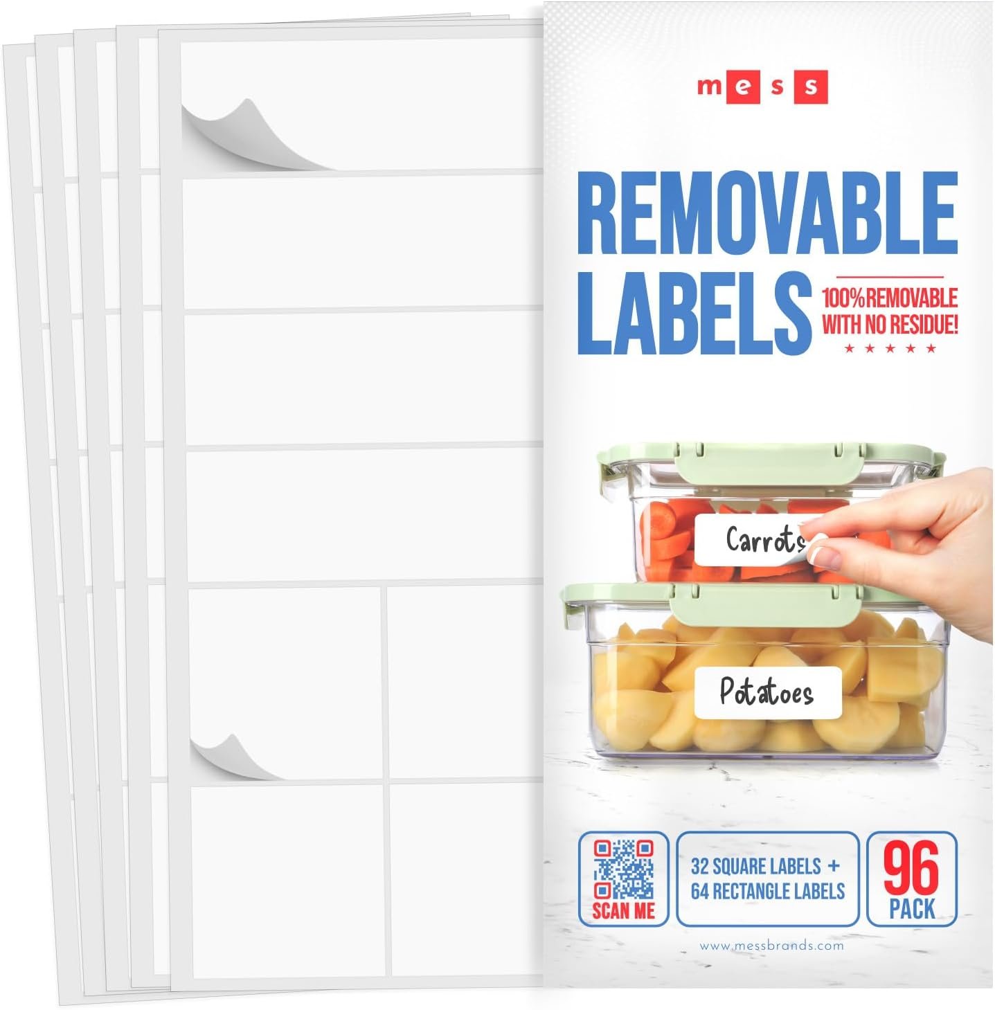 MESS Removable Food Labels for Containers (96-Pack) 1×3″ & 1.5″ Erasable Kitchen Labels for Organizing, Freezer & Fridge, White Dry Erase Labels for Jars