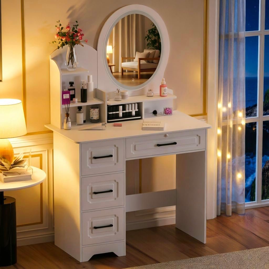 Makeup Desk with Large Oval Mirror & 3 Color Light, European Style Vanity Desk with 4 Drawers & 3 Open Shelves, Dressing Table with Mirror and Light for Bedroom, Apartment