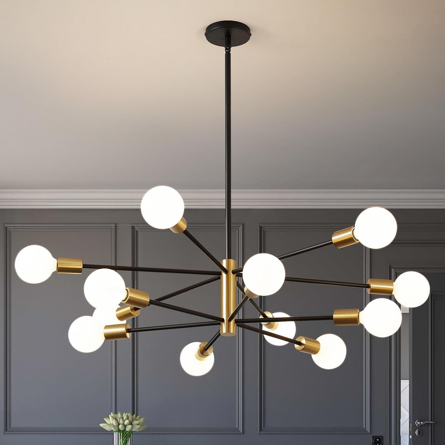 RUIYEY Modern Chandelier Ceiling Light Fixture – 33.4″ 12-Light Gold and Black Sputnik Chandeliers, Height Adjustable Industrial Farmhouse Pendant Lighting for Dining Room, Living Room, Kitchen Island
