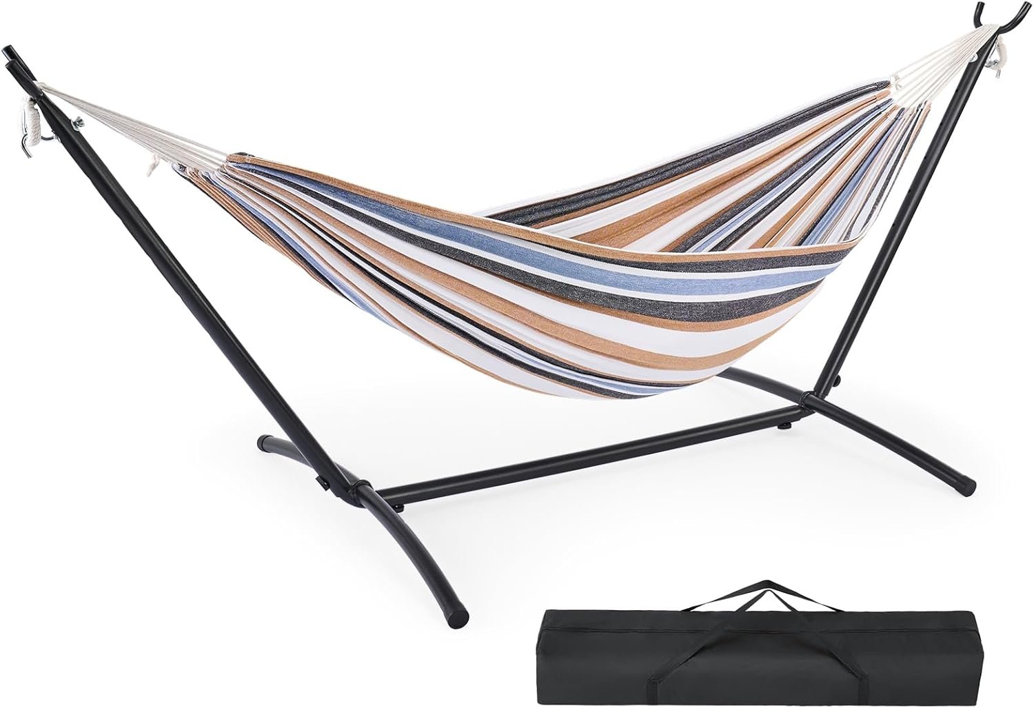 DUMOS Double Hammock with Space Saving Stand, Heavy Duty Steel Frame, Portable for Outside & Indoor Use, 450lbs Capacity, Easy Assembly, Carrying Bag Included, Beige