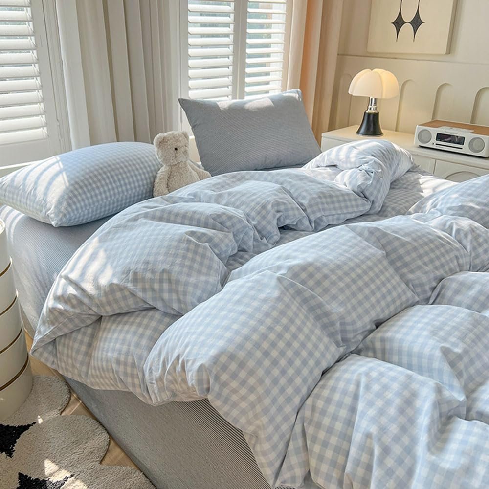 Nayoroom Gingham Duvet Cover Queen Size Blue White Plaid Checkered Comforter Cover 3 Pcs Soft Breathable Washed Microfiber Grid Farmhouse Bedding Set with Pillow Shams