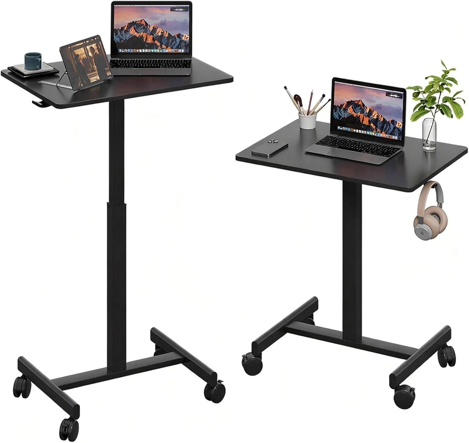 18.9 * 25.6 inch Mobile Standing Desk,T Shaped Pneumatic Adjustable Height Stand Up Desk,with Lockable Wheels,Ergonomic Standing Side Table for Home Office Work Computer Workstation Black+Gray