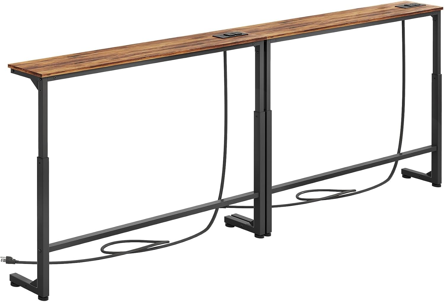 Kitstorack 2-Pack Narrow Console Table with Adjustable Height (25″-33″) & 2 Power Outlets, Skinny Behind Couch Table, 78.8″ Long x 5.9″ Wide Sofa Side Table for Living Room, Rustic Brown
