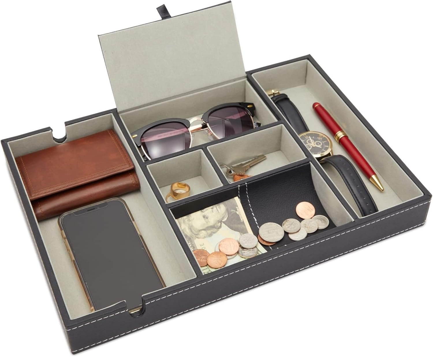 Juvale Nightstand Organizer Tray – 14 x 10 x 1.5 in, Black Faux Leather – Valet Tray for Men with 6 Compartments for Watch, Jewelry & Keys