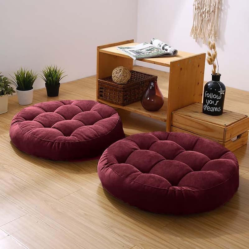 Meditation Floor Pillow Set of 2 Large Round Floor Cushions for Adults Tufted Corduroy Floor Seat Pillows Cushion for Living Room,Wine Red 16.5″ Lx16.5 Wx3 H